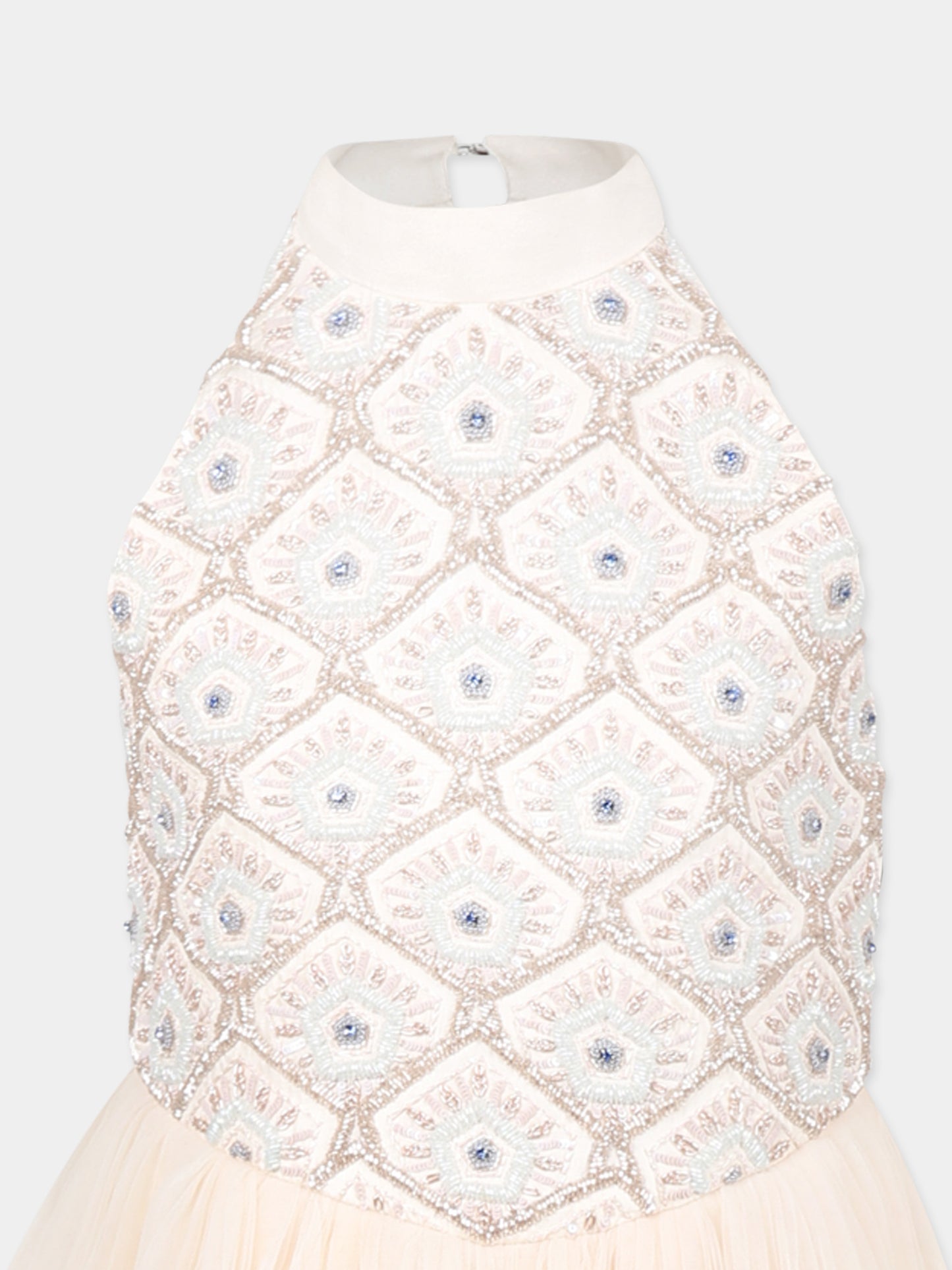 Pink dress for girl with floral motif and beads