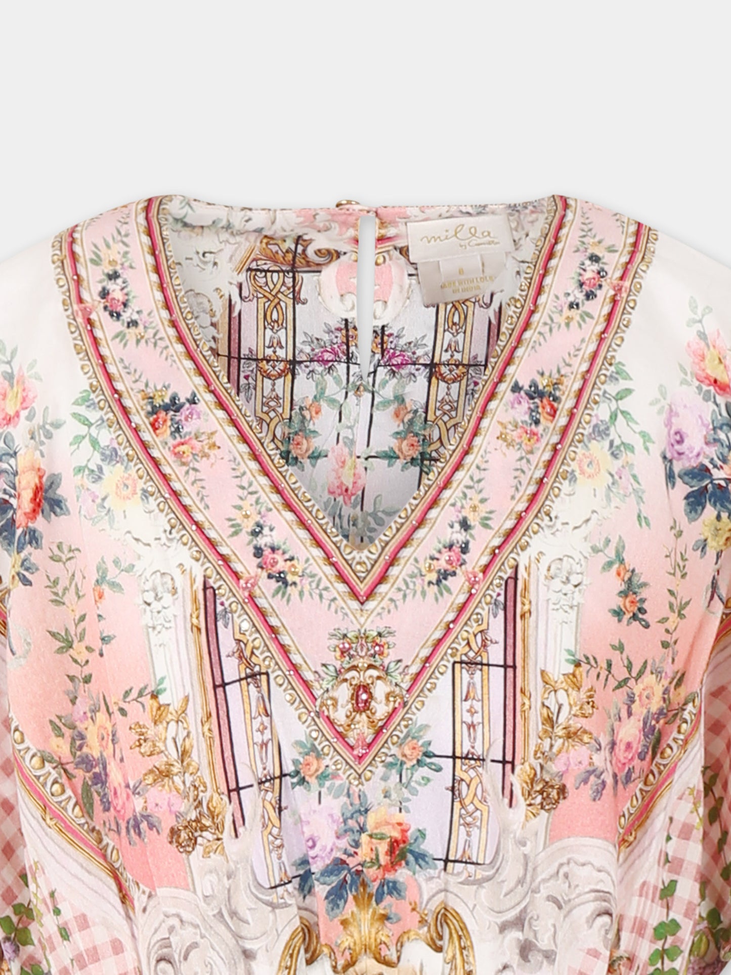 Vestito rosa per bambina con stampa floreale e strass,Camilla,00034387 LISBLULL