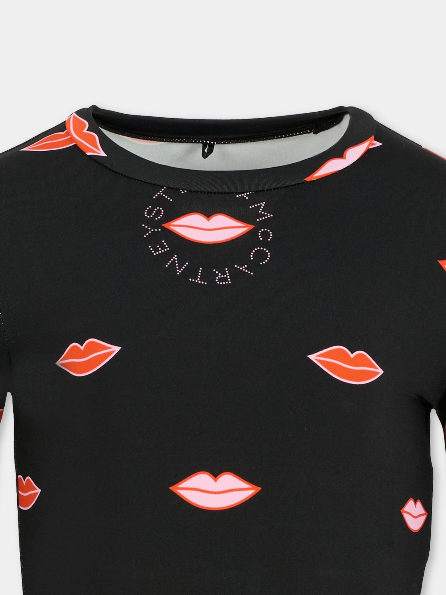 T-shirt crop nera per bambina con stampa bocca,Stella Mccartney Kids,TX8D50 Z3399 930MC
