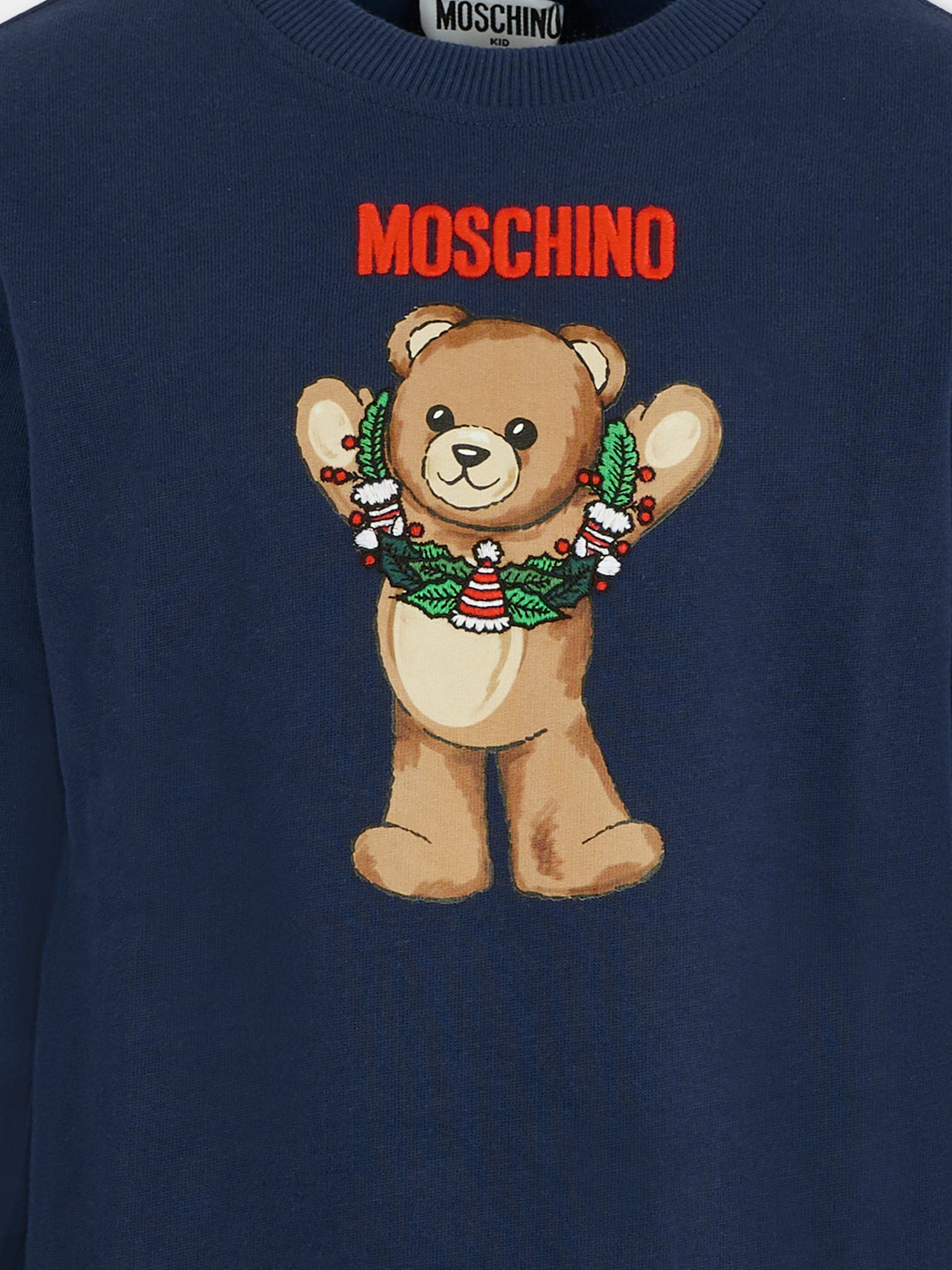 Felpa blu per bambini con Teddy Bear e ghirlanda natalizia,Moschino Kids,HQF08V LCA14 40016