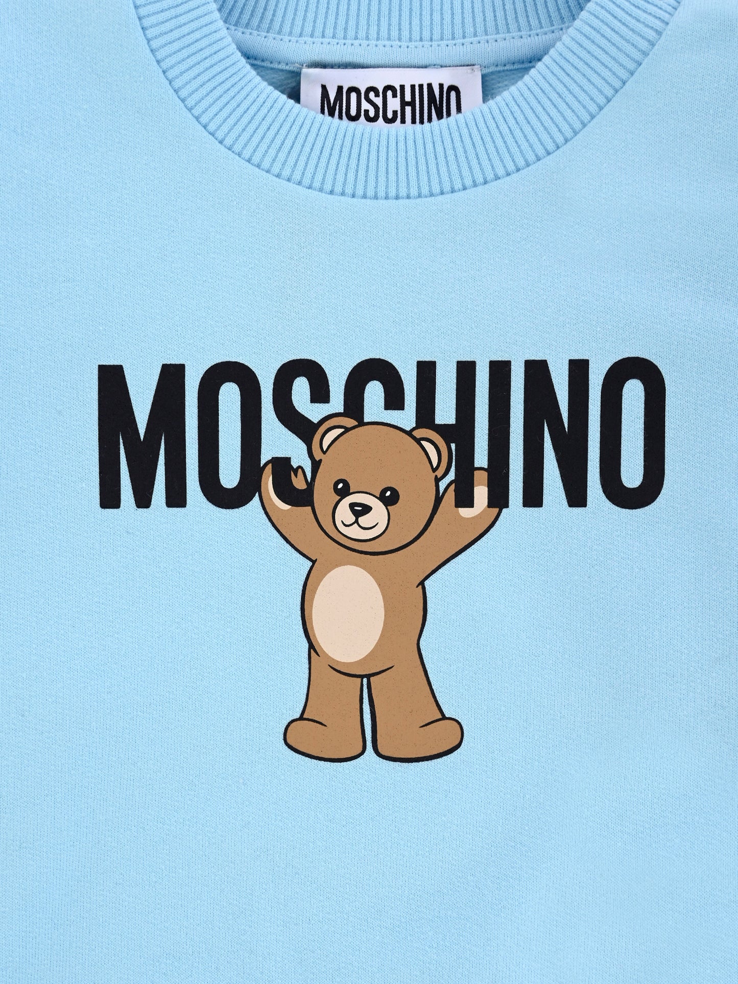 Felpa celeste per neonato con logo e Teddy Bear,Moschino Kids,MNF060 LCA40 40304