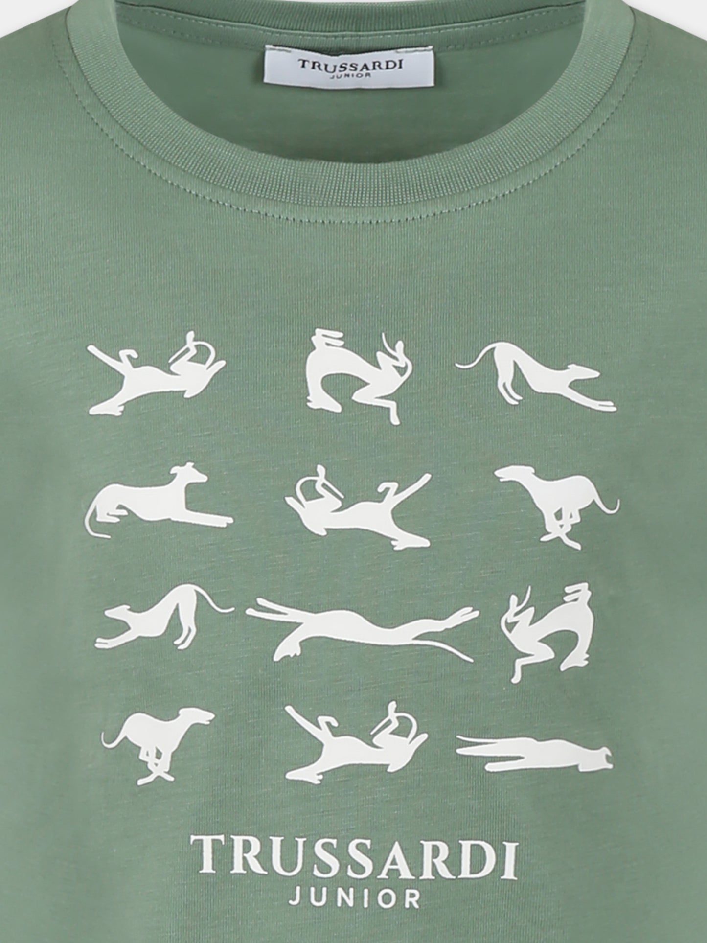 T-shirt verde per bambino con logo e stampa levriero,Trussardi Junior,TBP25091TS LAUREL