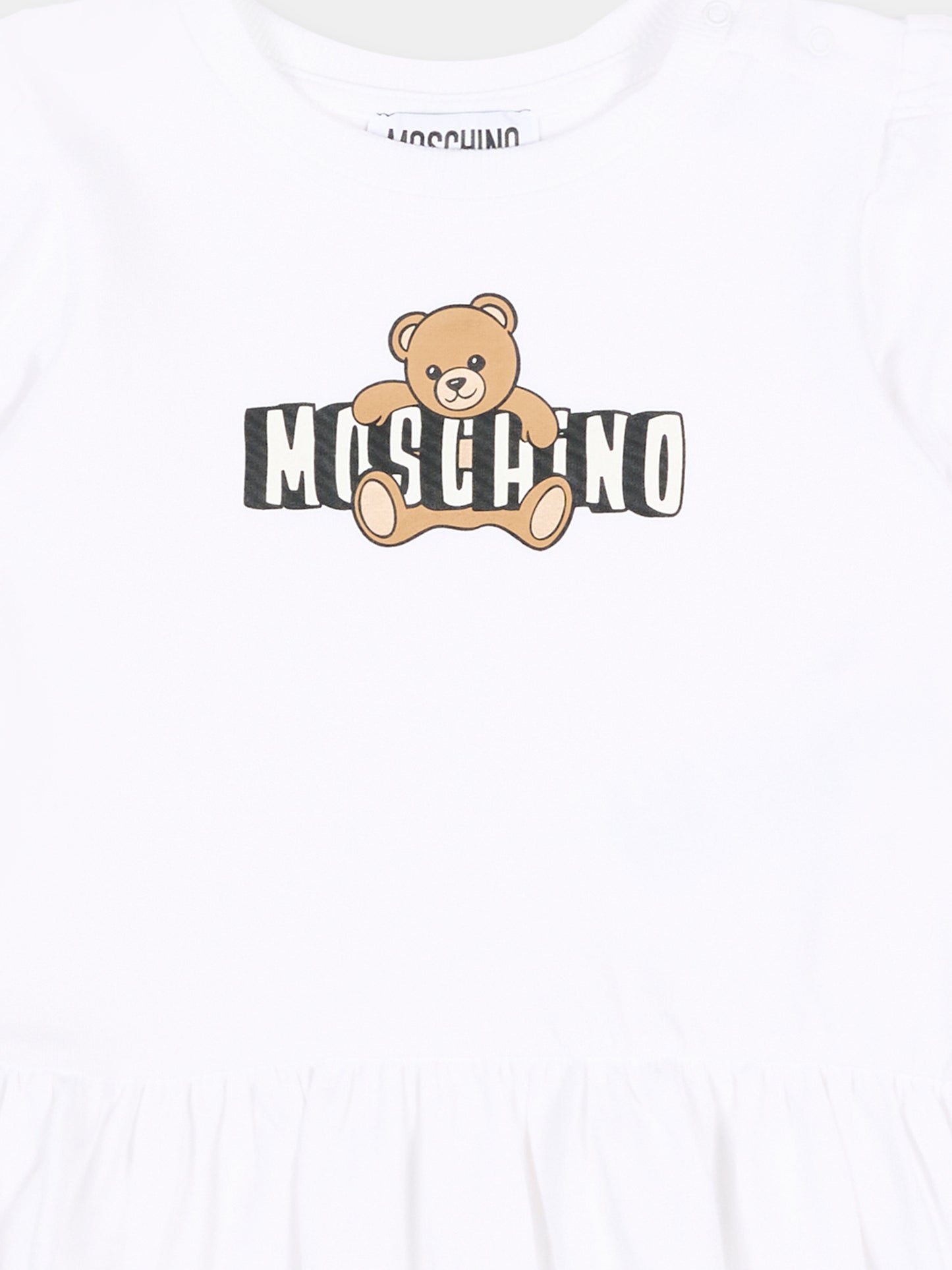 Vestito bianco per neonata con logo e Teddy Bear,Moschino Kids,MAV0C7 LBA00 10101