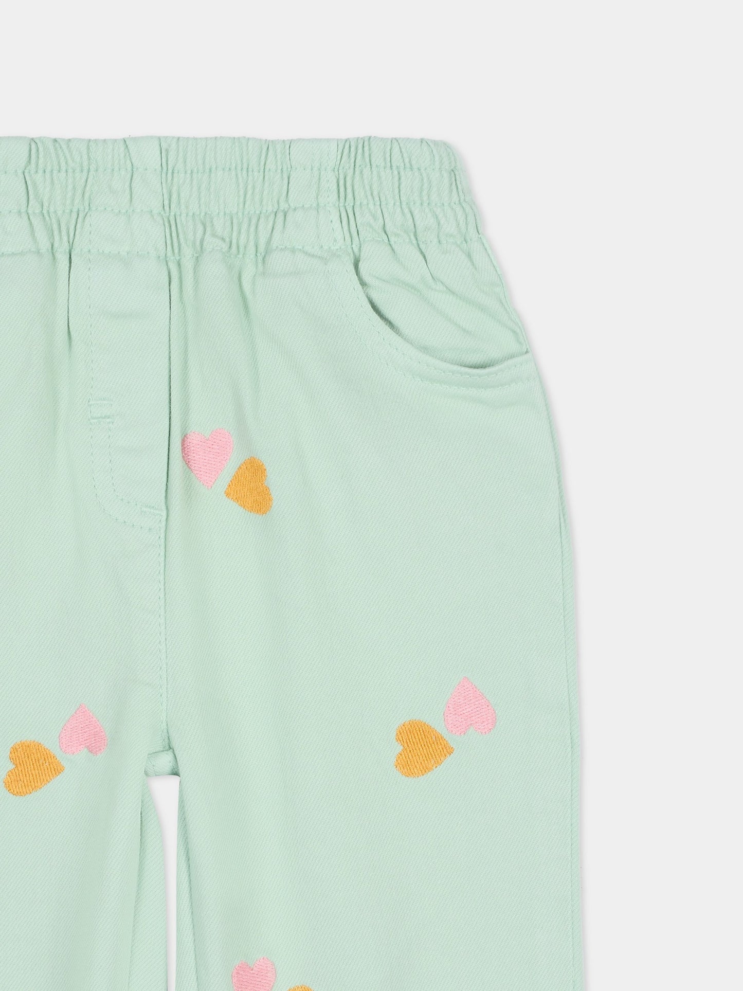 Pantaloni verdi per neonata con cuori ricamati,Stella Mccartney Kids,TY6020-Z3454 754EM