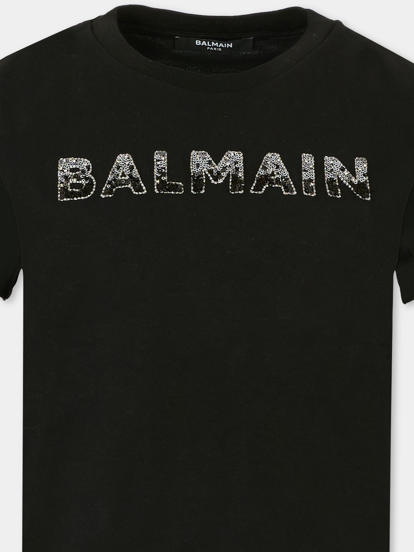 T-shirt nera per bambina con paillettes,Balmain Kids,BT8C31 J0177 930