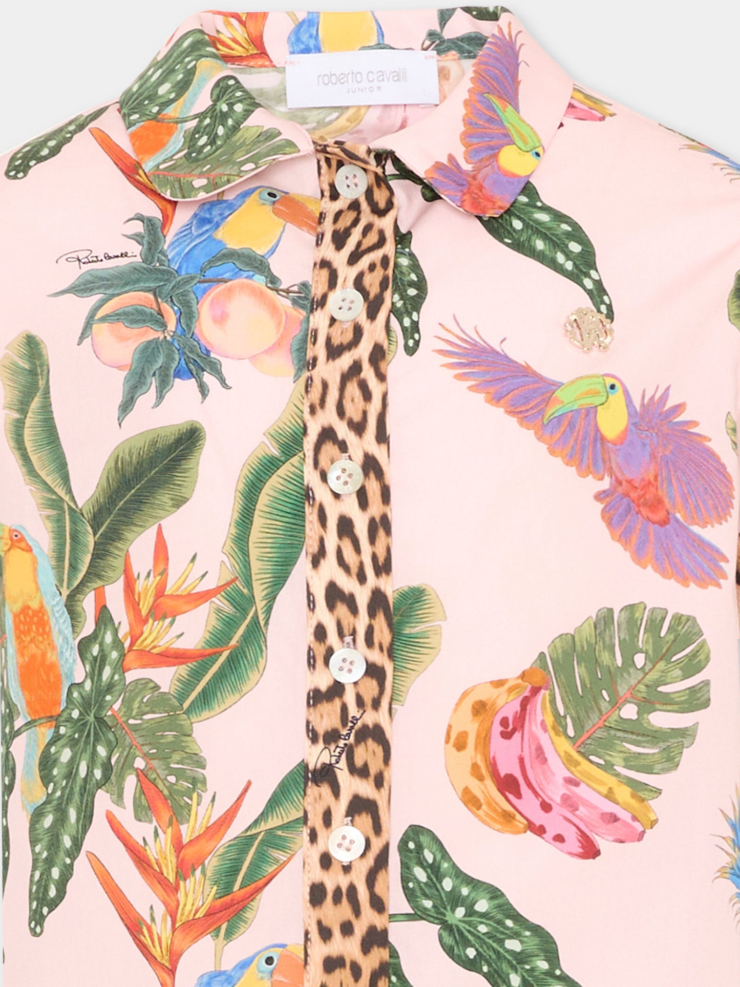 Camicia rosa per bambina con stampa tropicale,Roberto Cavalli Kids,CGP26052CA TROPICANA BABY ROSE
