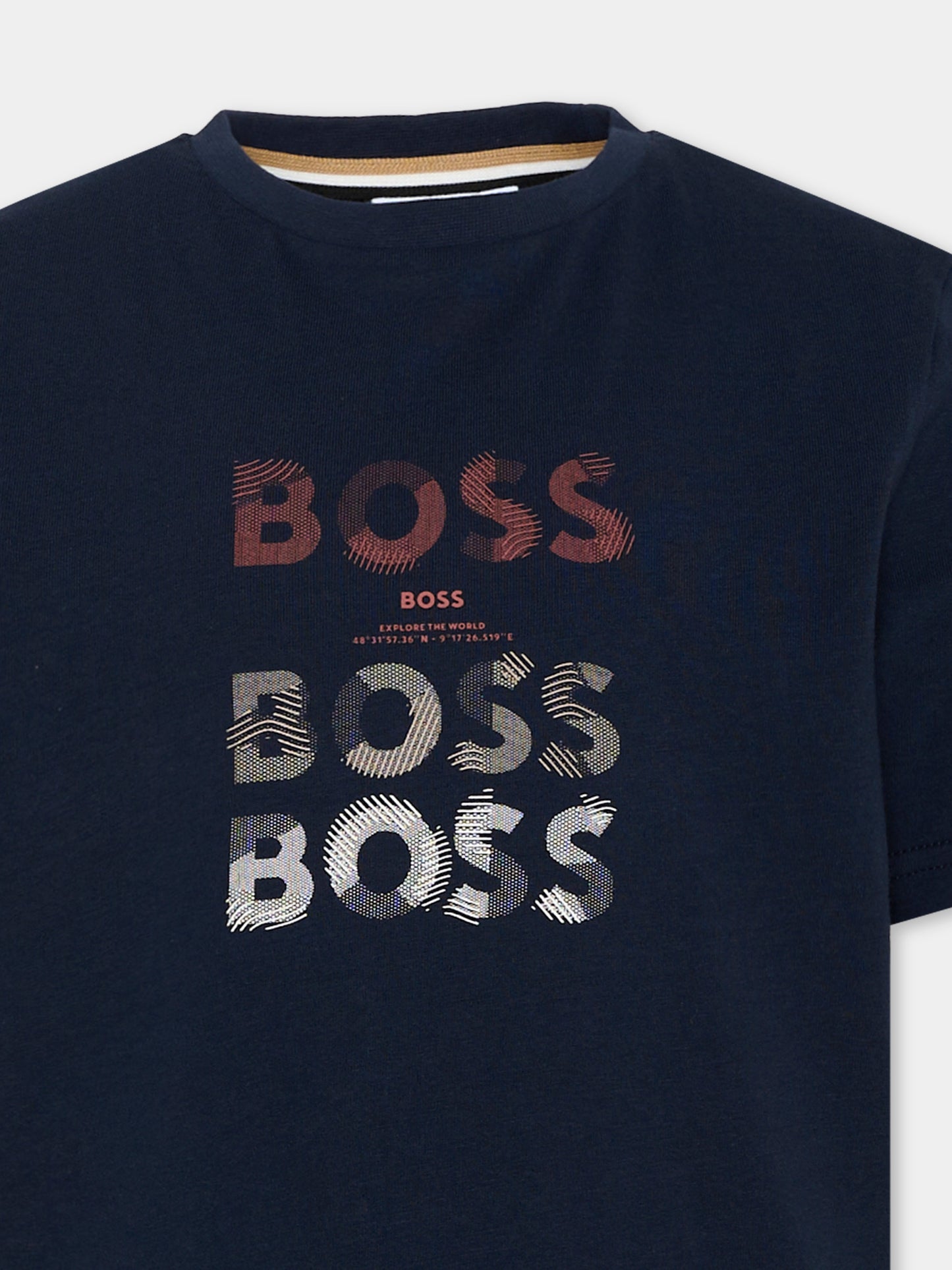 T-Shirt blu per bambino con logo,Boss,J53410 849