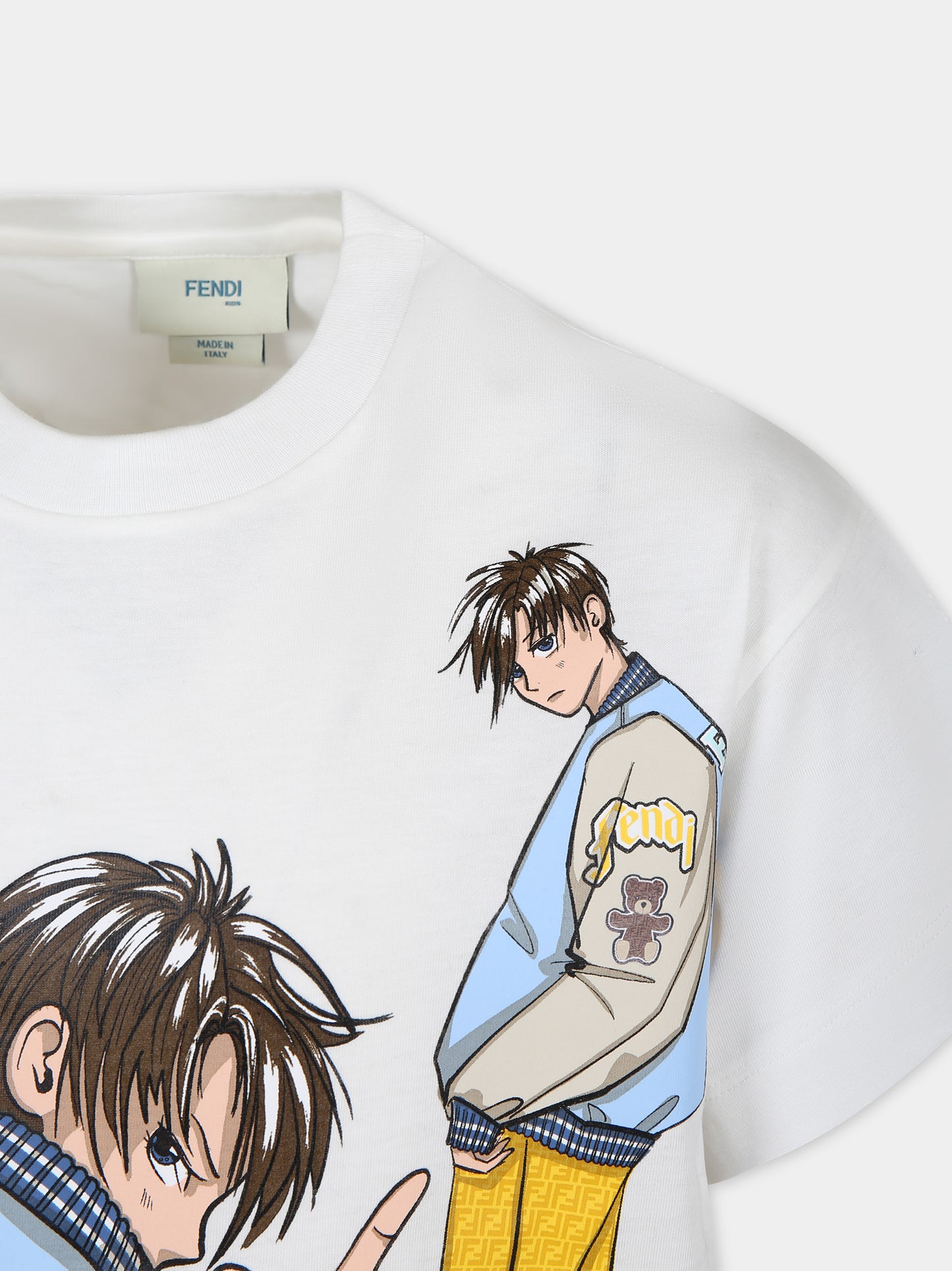 T-shirt bianca per bambino con stampa e FF,Fendi Kids,JMI445 7AJ F0TU9