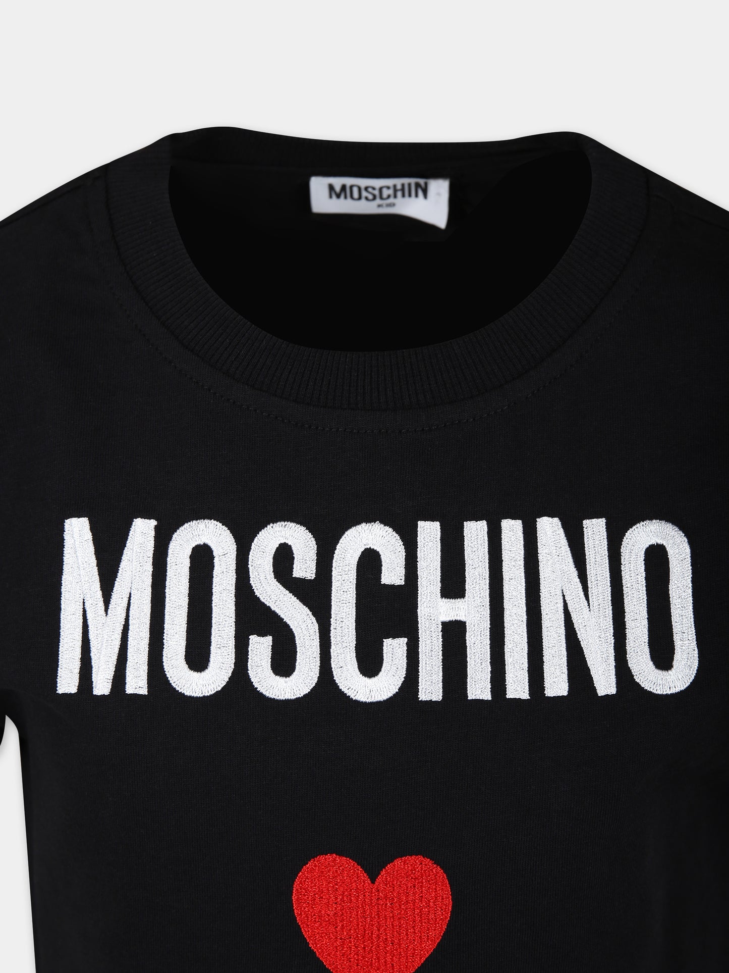 Vestito nero per bambina con logo e cuore,Moschino Kids,HDV0EQ LAA22 60100