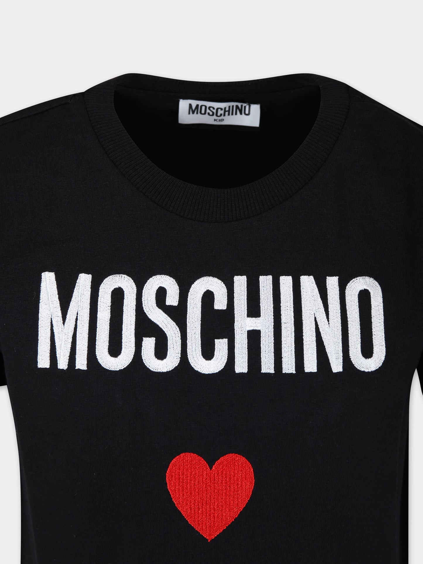 T-shirt nera per bambina con logo e cuore rosso,Moschino Kids,HOM04K LAA22 60100