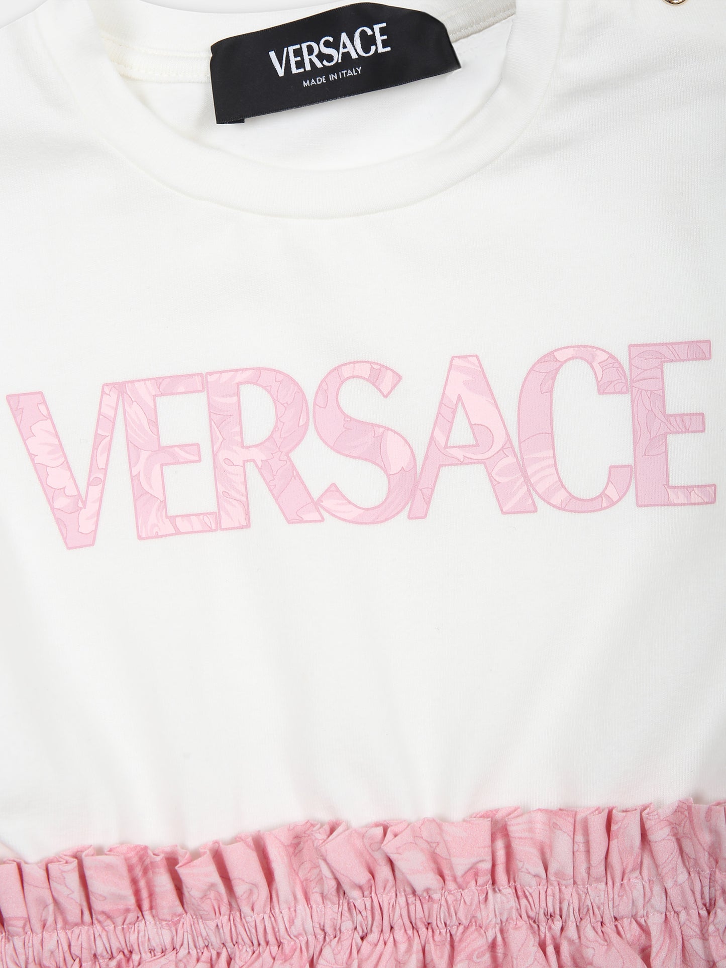 Vestito rosa per neonata con stampa barocco e logo,Versace,1000354 1A09957 2W310