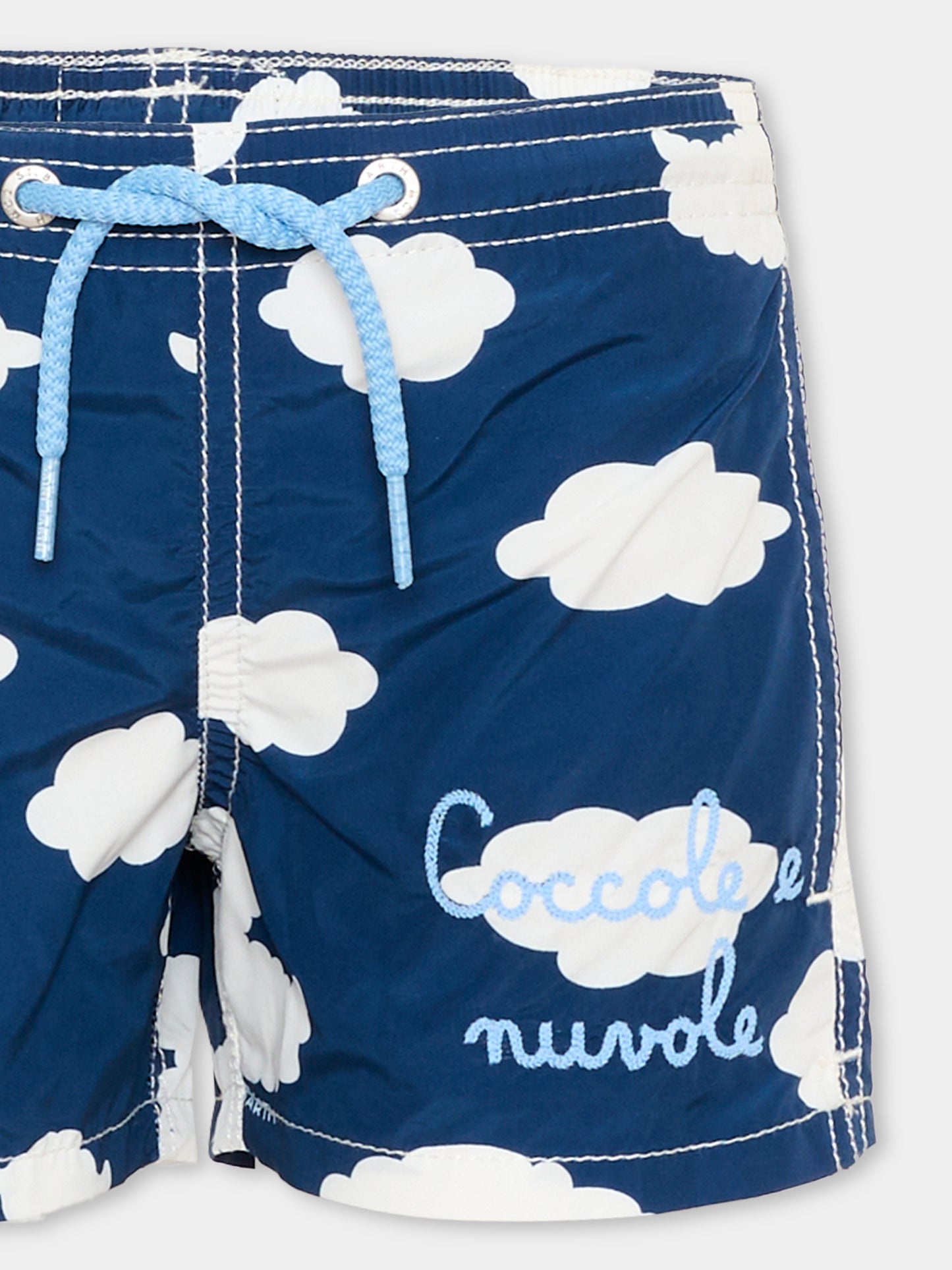 Boxer mare blu per bambino con iconiche nuvole e Ducky Clouds,Saint Barth X Coccolebimbi,JEAN - DUCKY CLOUDS 61 EMB