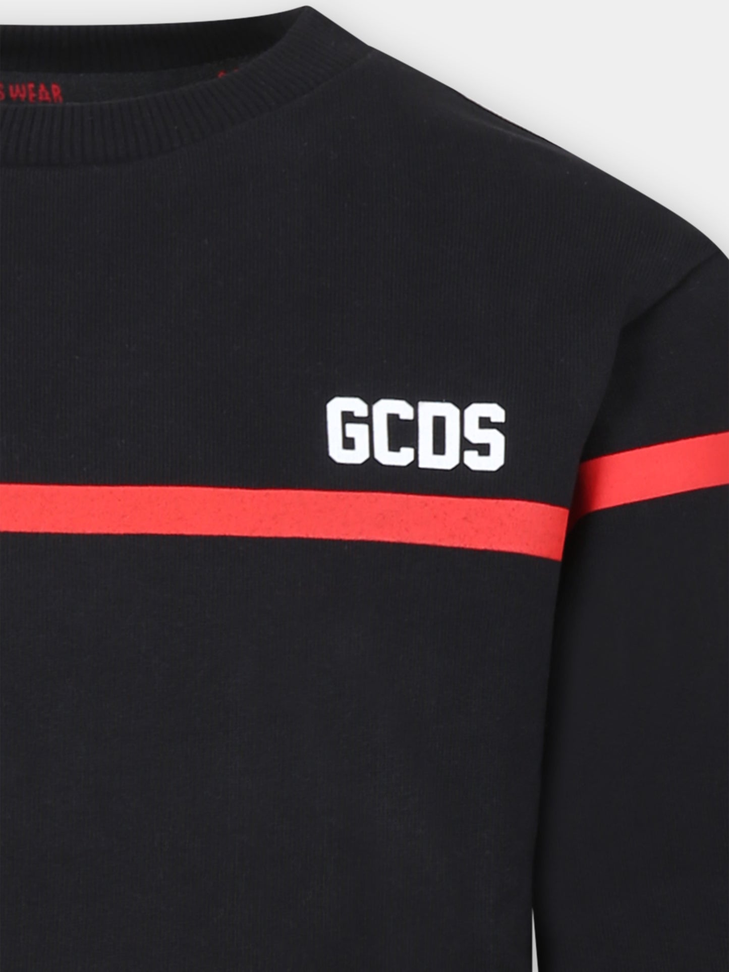 Felpa nera per bambini con righe rosse,Gcds Kids,DOF000 LCA52 60100