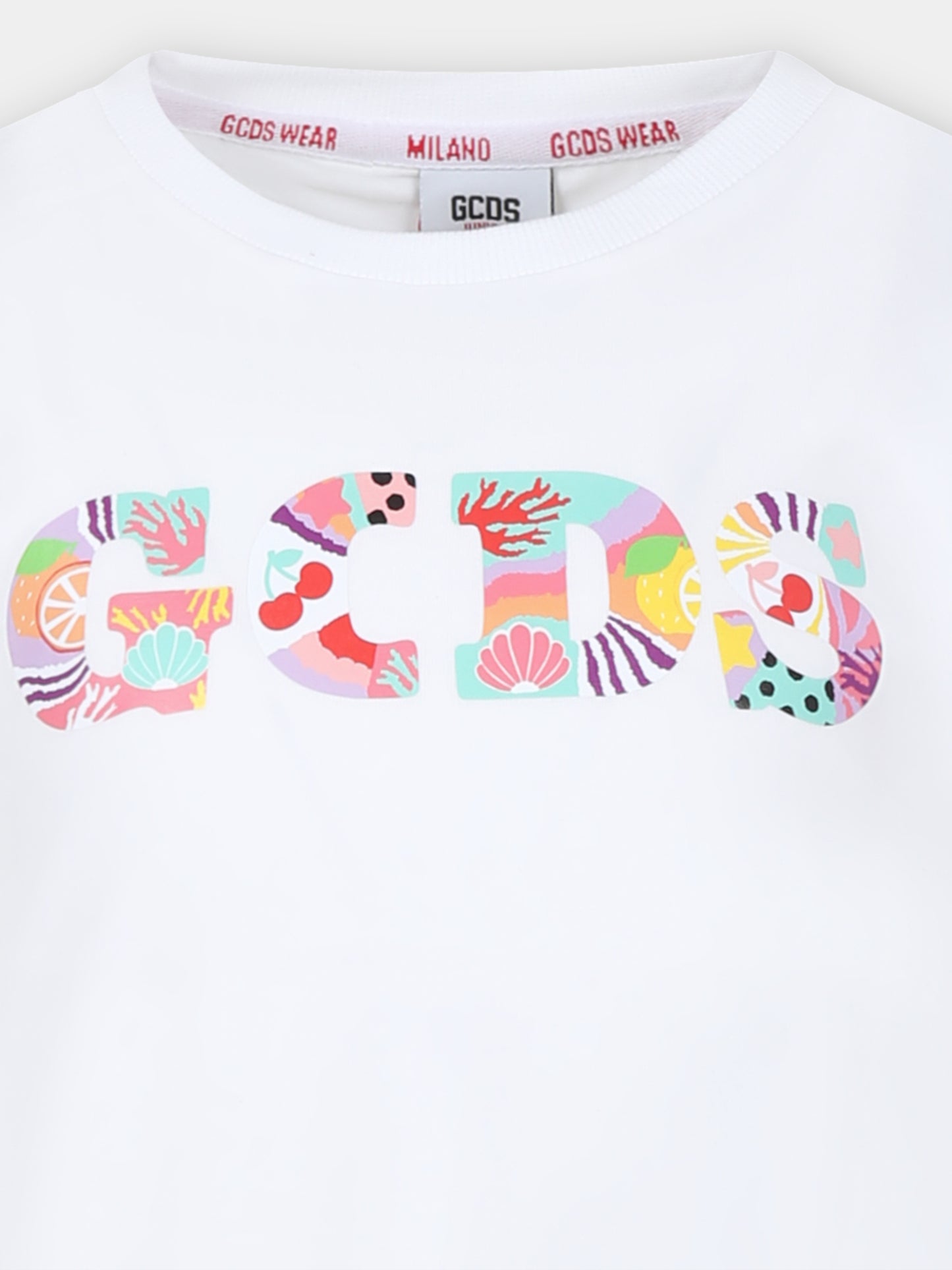 T-shirt bianca per bambina con logo in fantasia,Gcds Kids,DDM00D LBA10 10101