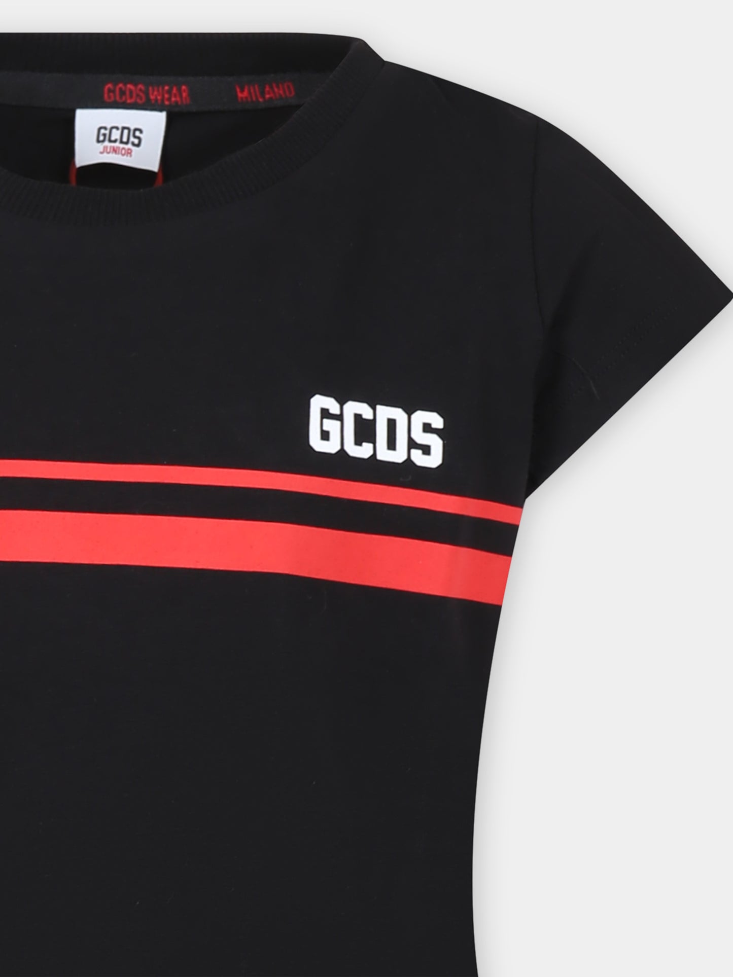 Abito nero per bambina con righe rosse e logo,Gcds Kids,DDV008 LBA36 60100
