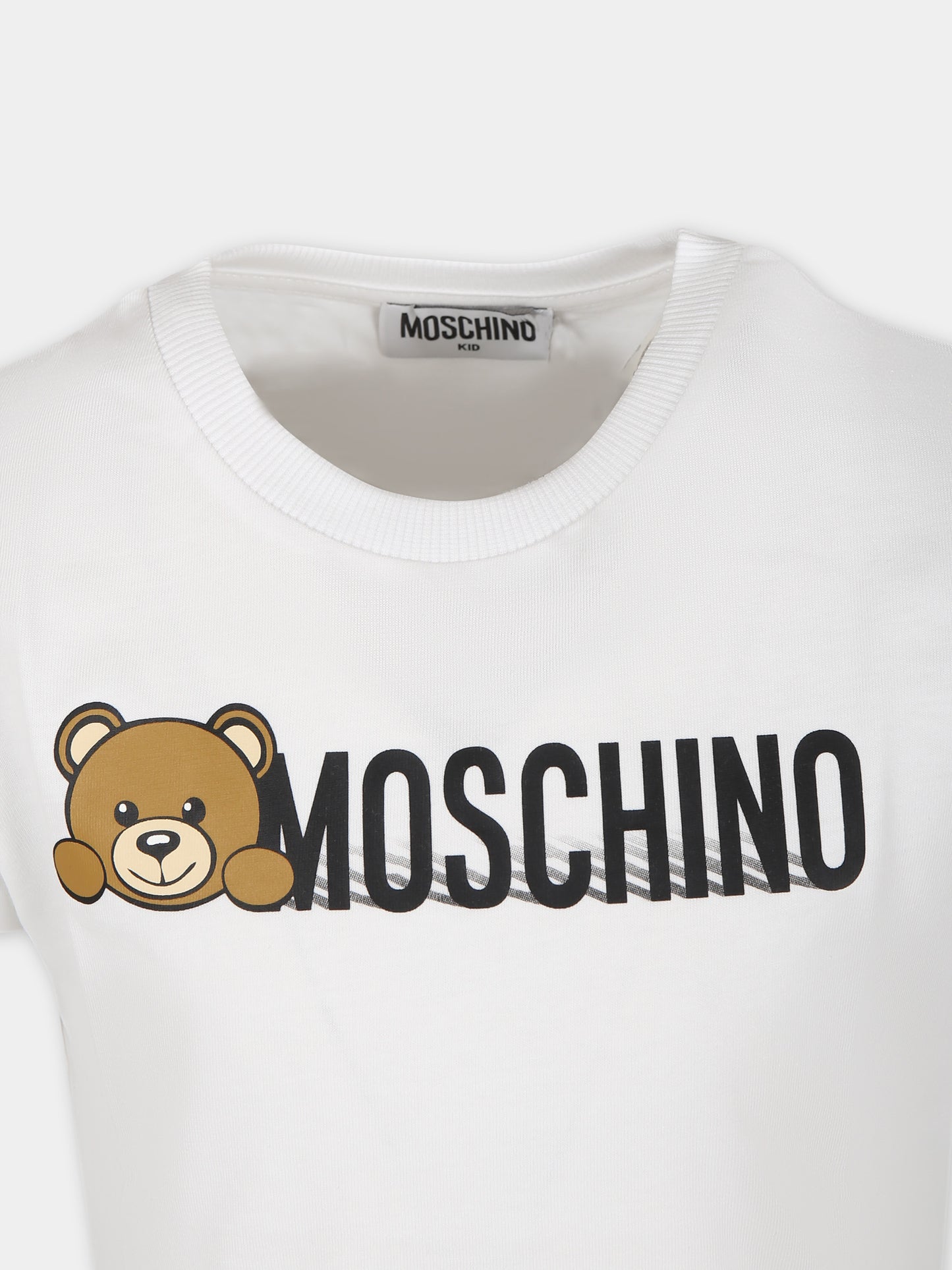 T-shirt bianca per bambini con Teddy Bear e logo,Moschino Kids,HWM03U LAA34 10101