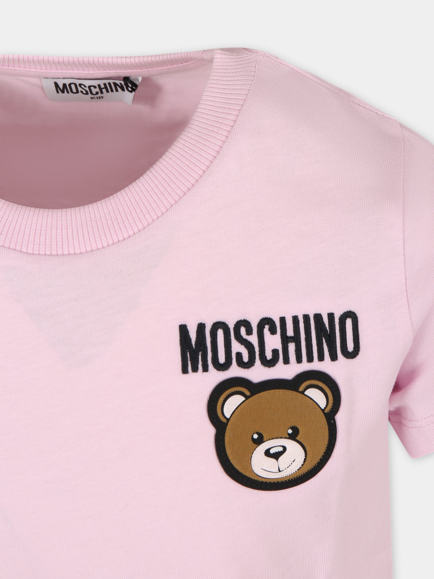 T-shirt rosa per bambina con Teddy Bear e logo,Moschino Kids,HZM03U LAA01 51684