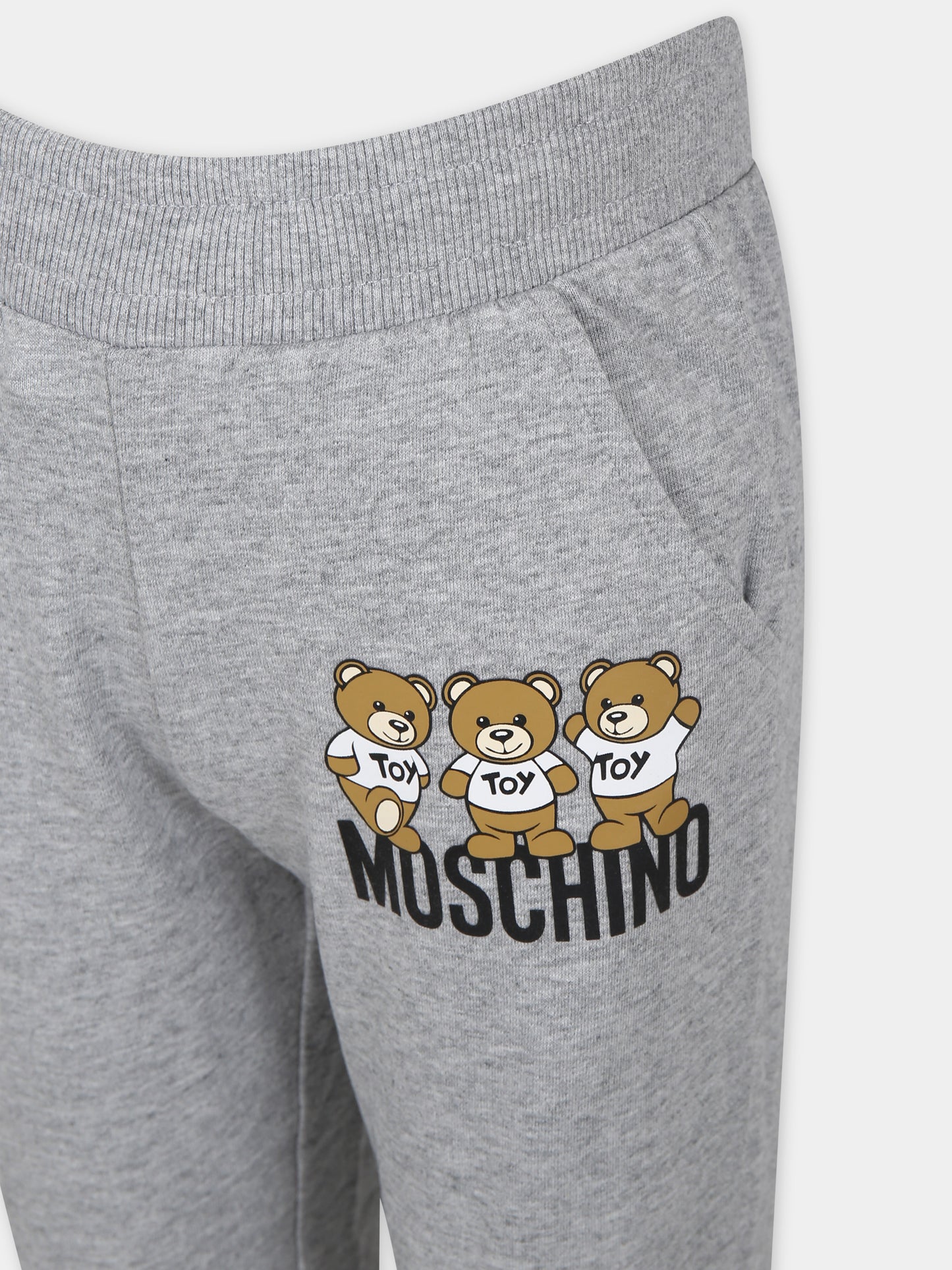 Pantaloni grigi per bambini con tre Teddy Bears e logo,Moschino Kids,HUP079 LCA40 60901