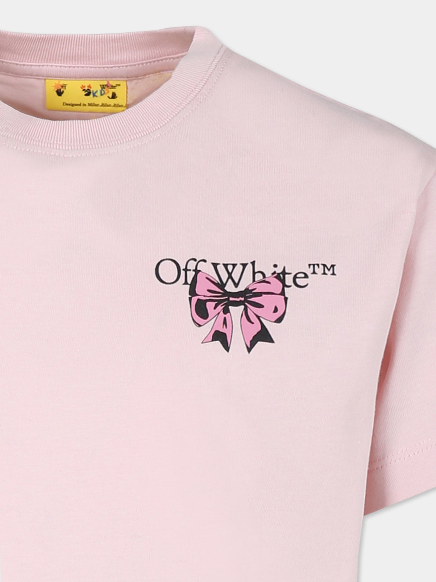 T-shirt rosa per bambina con frecce e fiocco,Off White,OGAA001F24JER0053C30