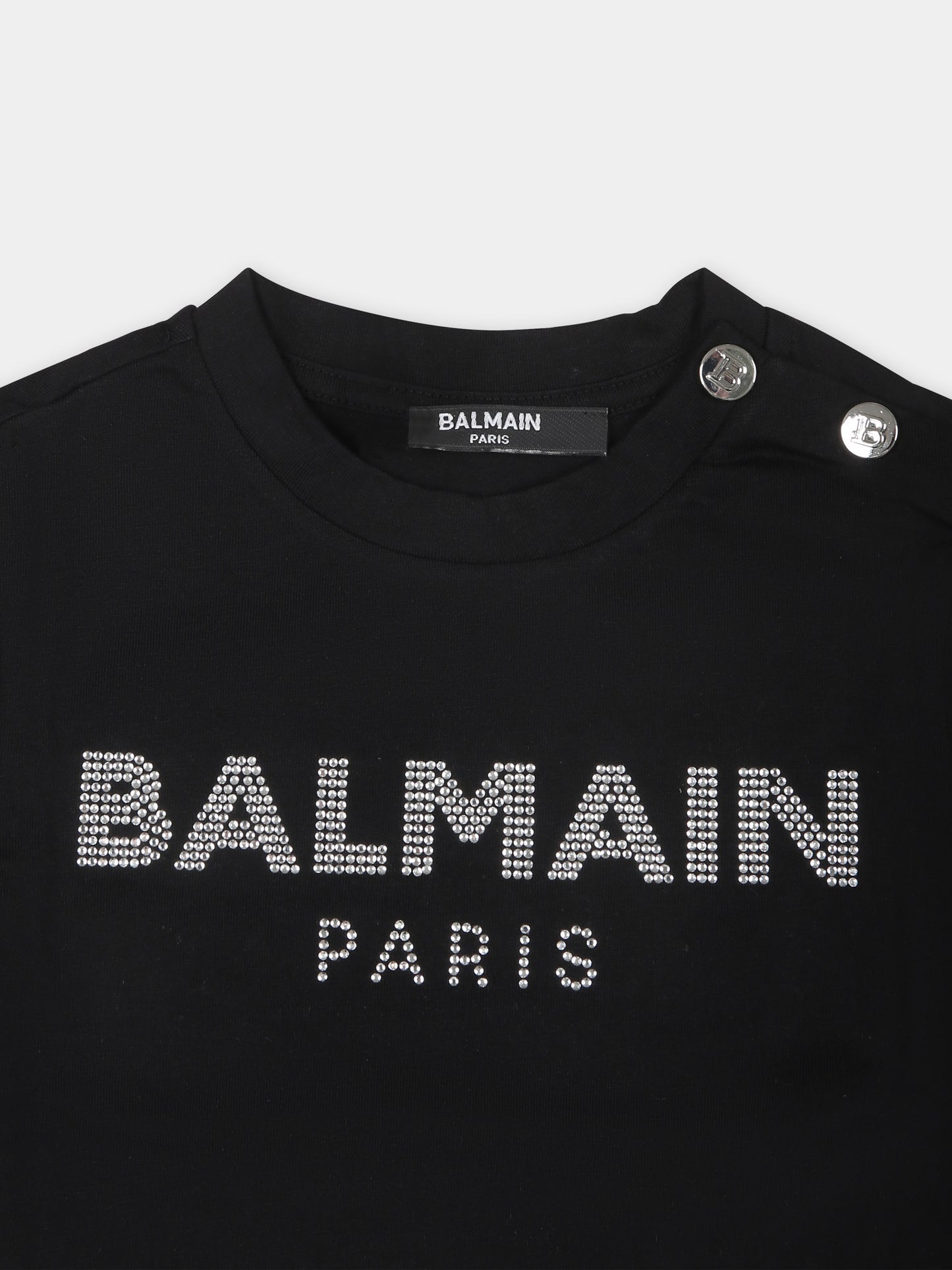 T-shirt nera per neonata con logo e strass,Balmain Kids,6Q8801 J0006 930