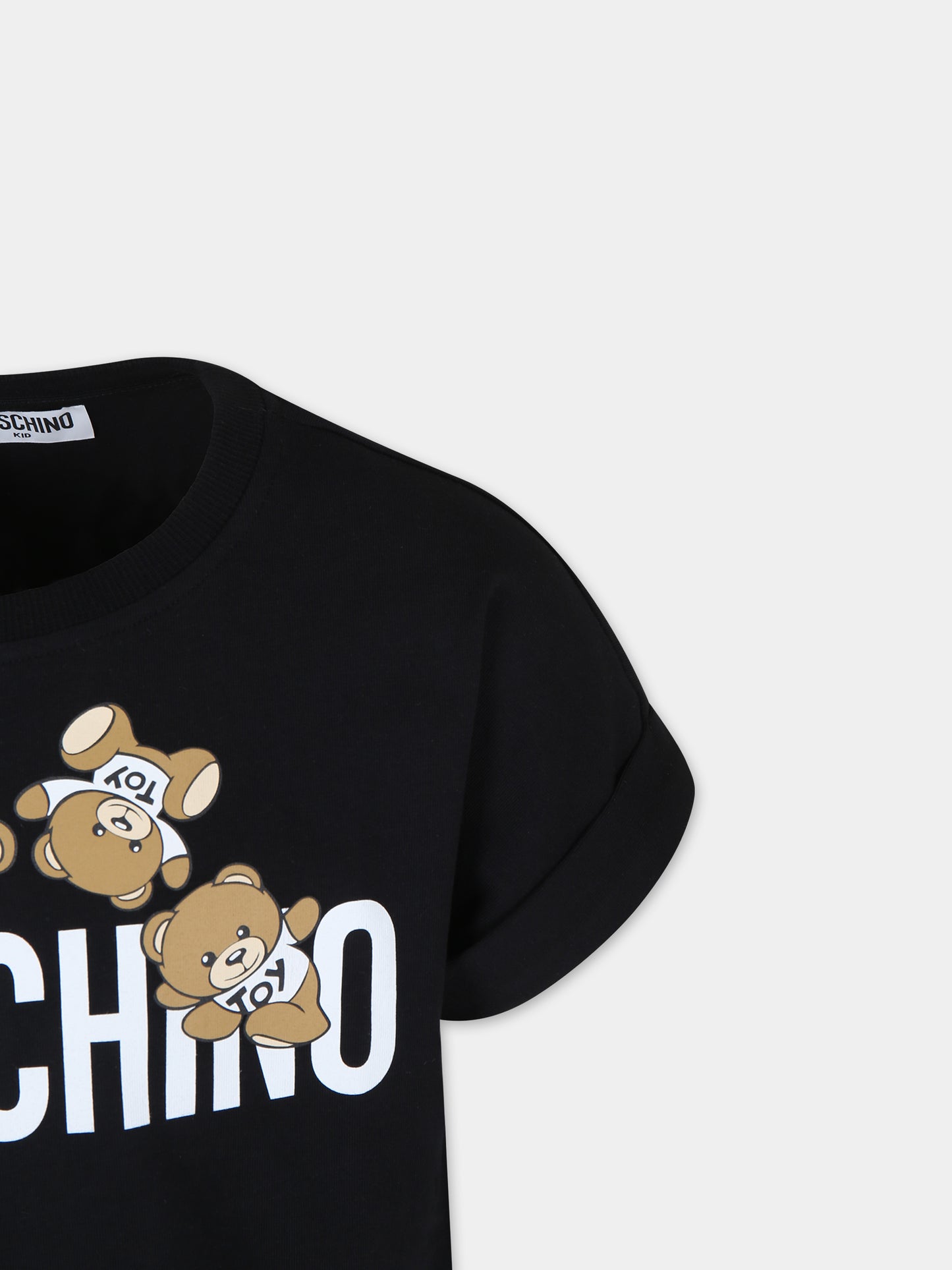 T-shirt crop nera per bambina con Teddy Bears e logo,Moschino Kids,HDM068 LBA00 60100