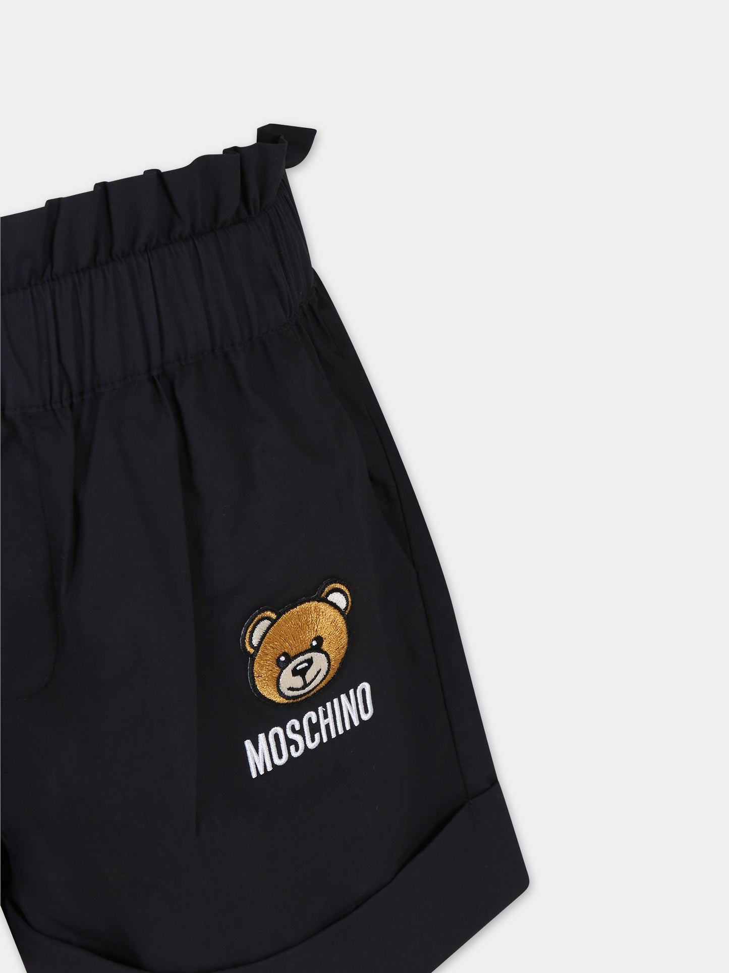 Shorts neri per bambina con Teddy bear e logo,Moschino Kids,HDQ018 LLA11 60100