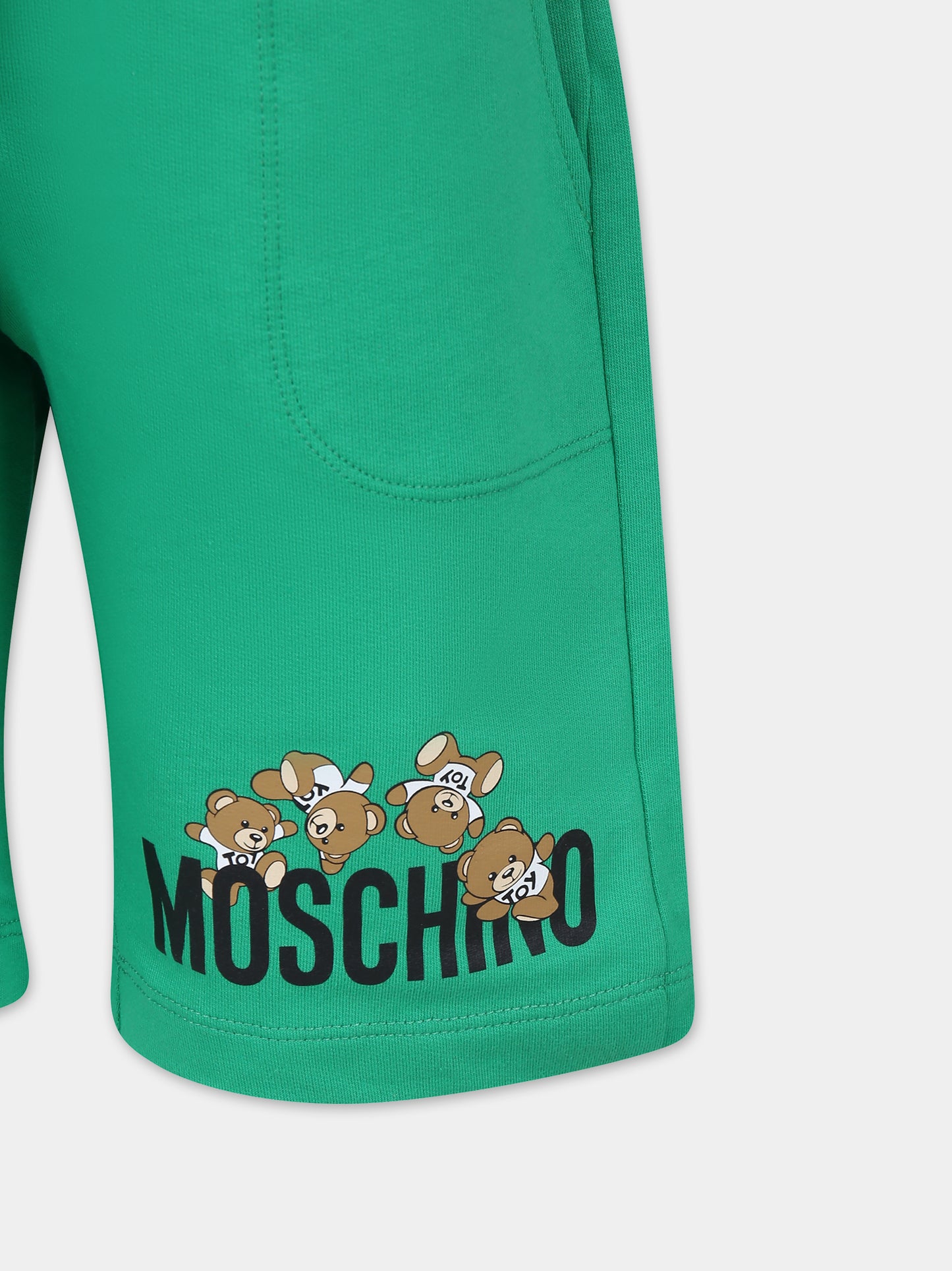 Shorts verdi per bambini con Teddy Bers e logo,Moschino Kids,HUQ01O LCA19 30321
