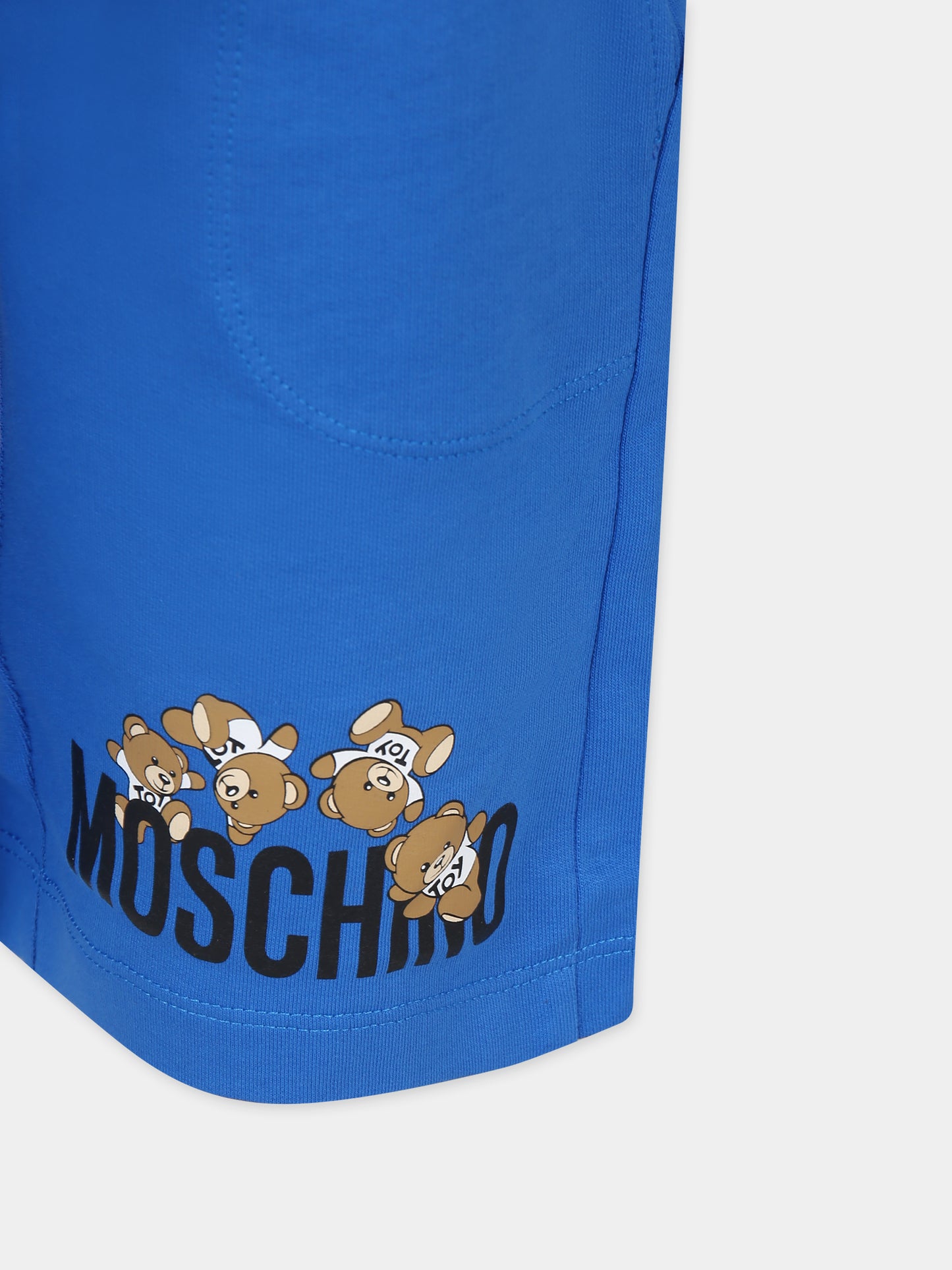 Shorts azzurri per bambini con Teddy Bers e logo,Moschino Kids,HUQ01O LCA19 40289