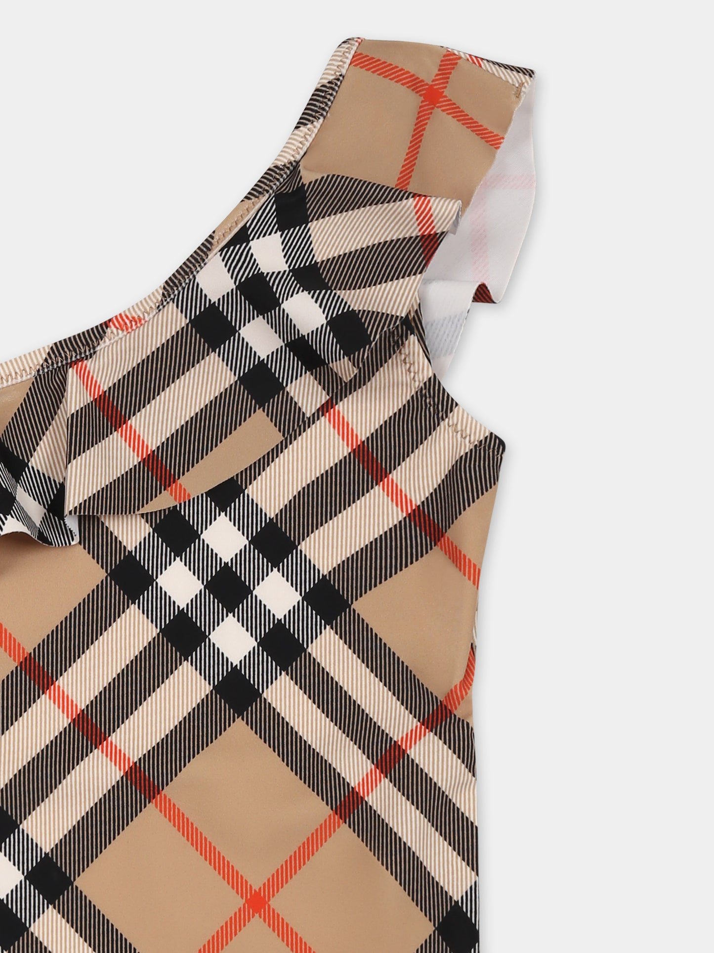 Beige swimsuit for baby girl with vintage check