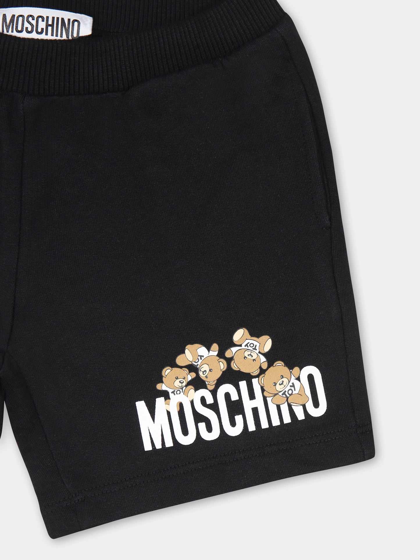 Shorts neri per neonato con Teddy Bears e logo,Moschino Kids,MNQ00N LCA19 60100