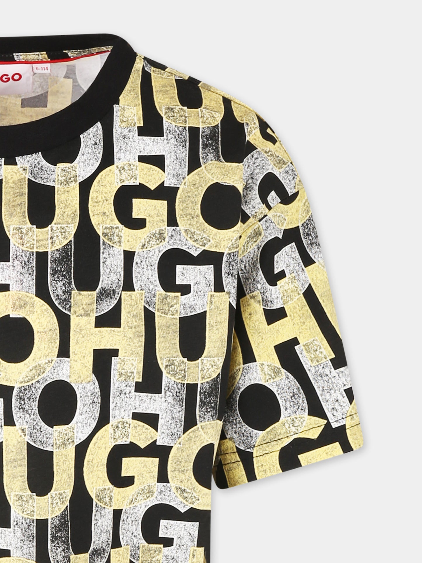 T-shirt nera per bambino con logo all over,Hugo,G00336 M55