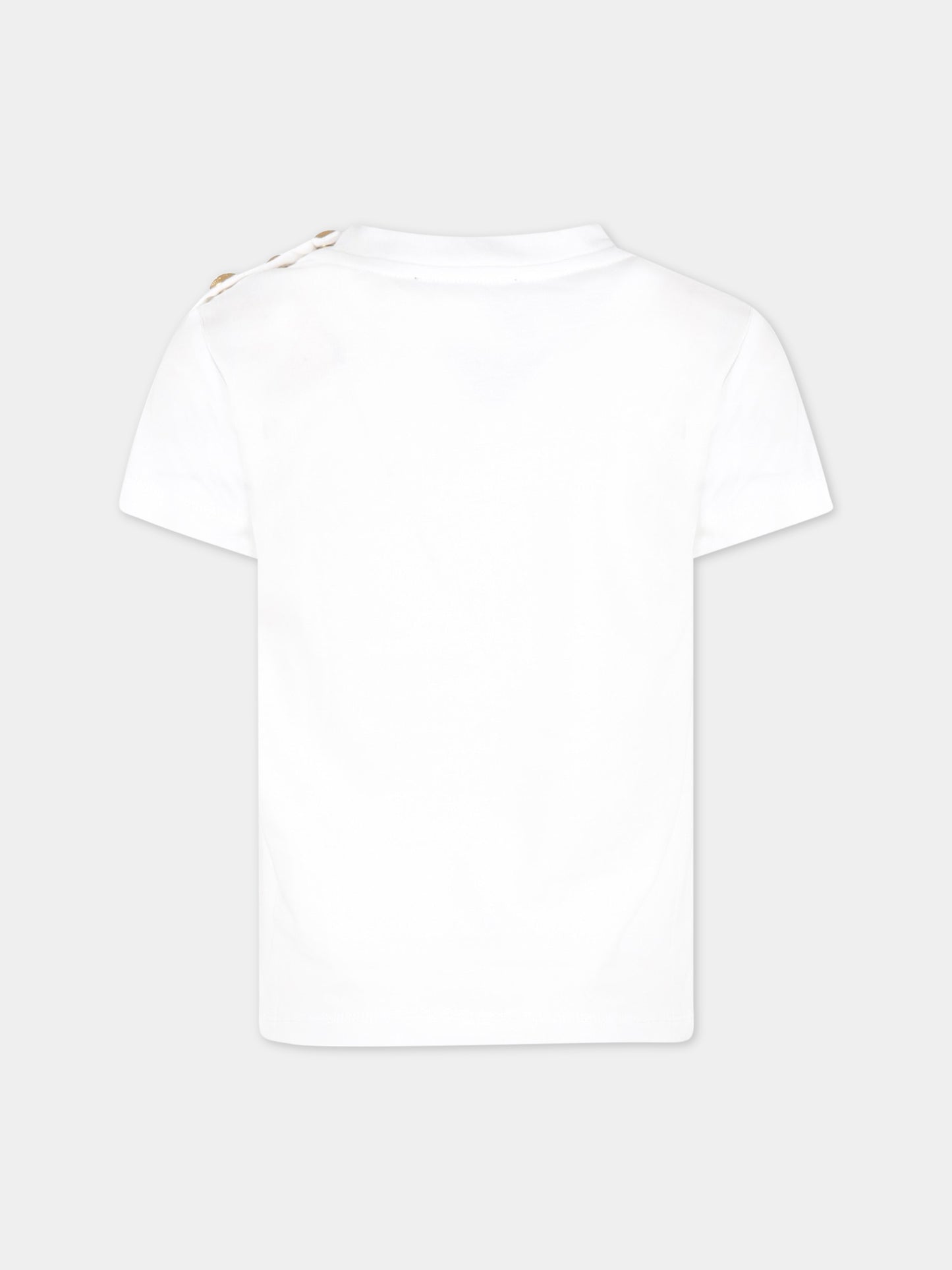 T-shirt bianca per bambino con logo nero e iconici bottoni,Balmain Kids,BS8P21 Z0057 100OR