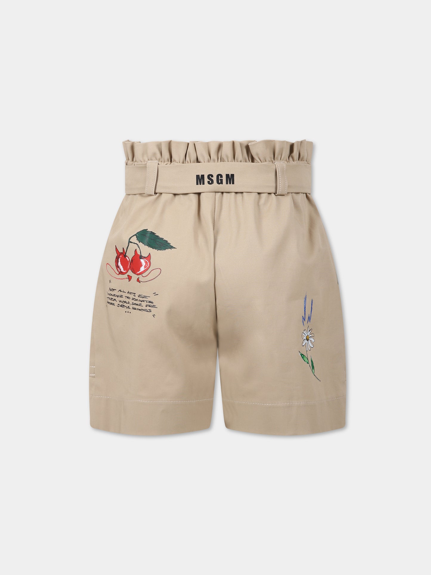 Shorts beige per bambina con stampa multicolor e logo,Msgm Kids,MS029400 015