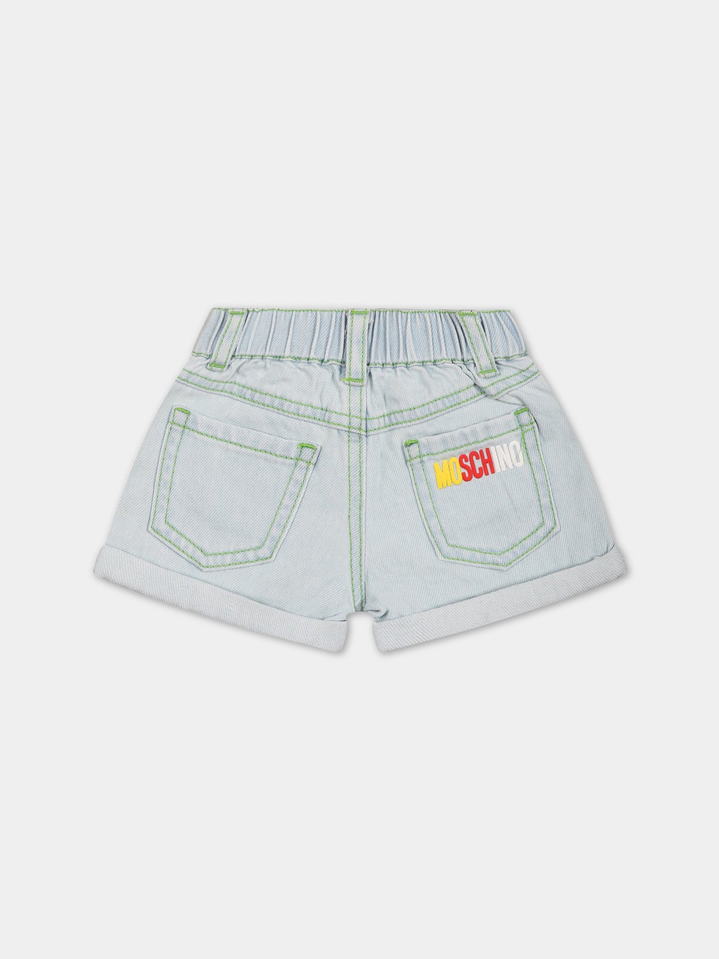 Shorts celesti per neonato con patch e logo,Moschino Kids,MUQ00Q L0E12 40213