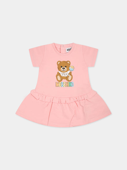 Pink dress for baby girl with Teddy Bear and logo