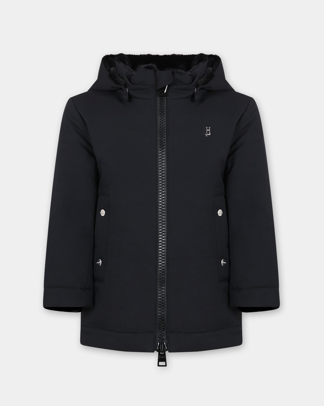 Black parka for boy with logo