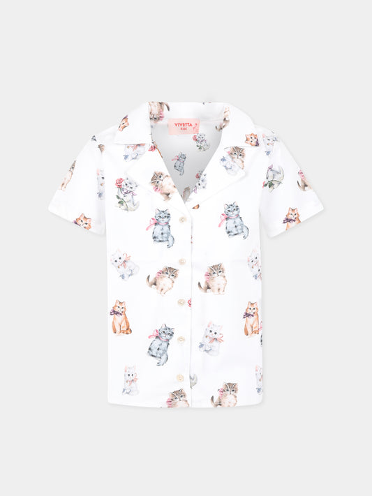 Camicia bianca per bambina con gatti all over,Vivetta Kids,VE2530B