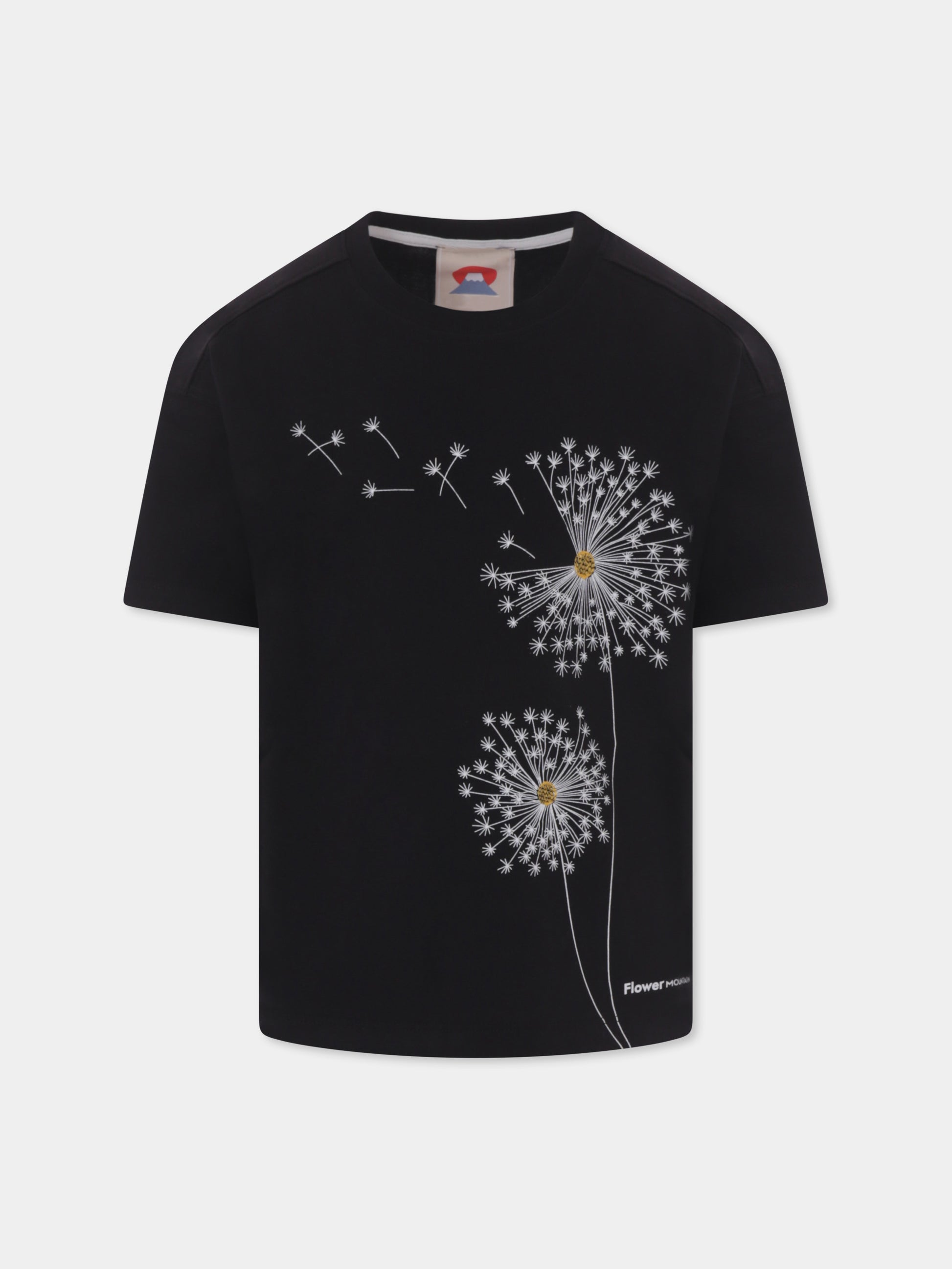 T-shirt nera per bambini con fiori e logo,Flower Mountain,0A01 0016002878 01 SABURO