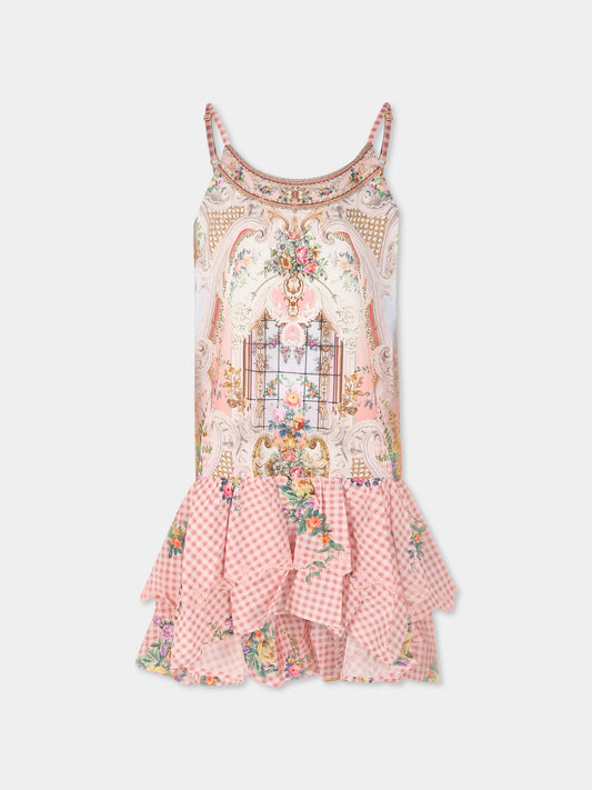 Vestito rosa per bambina con stampa floreale e strass,Camilla,00034331 LISBLULL