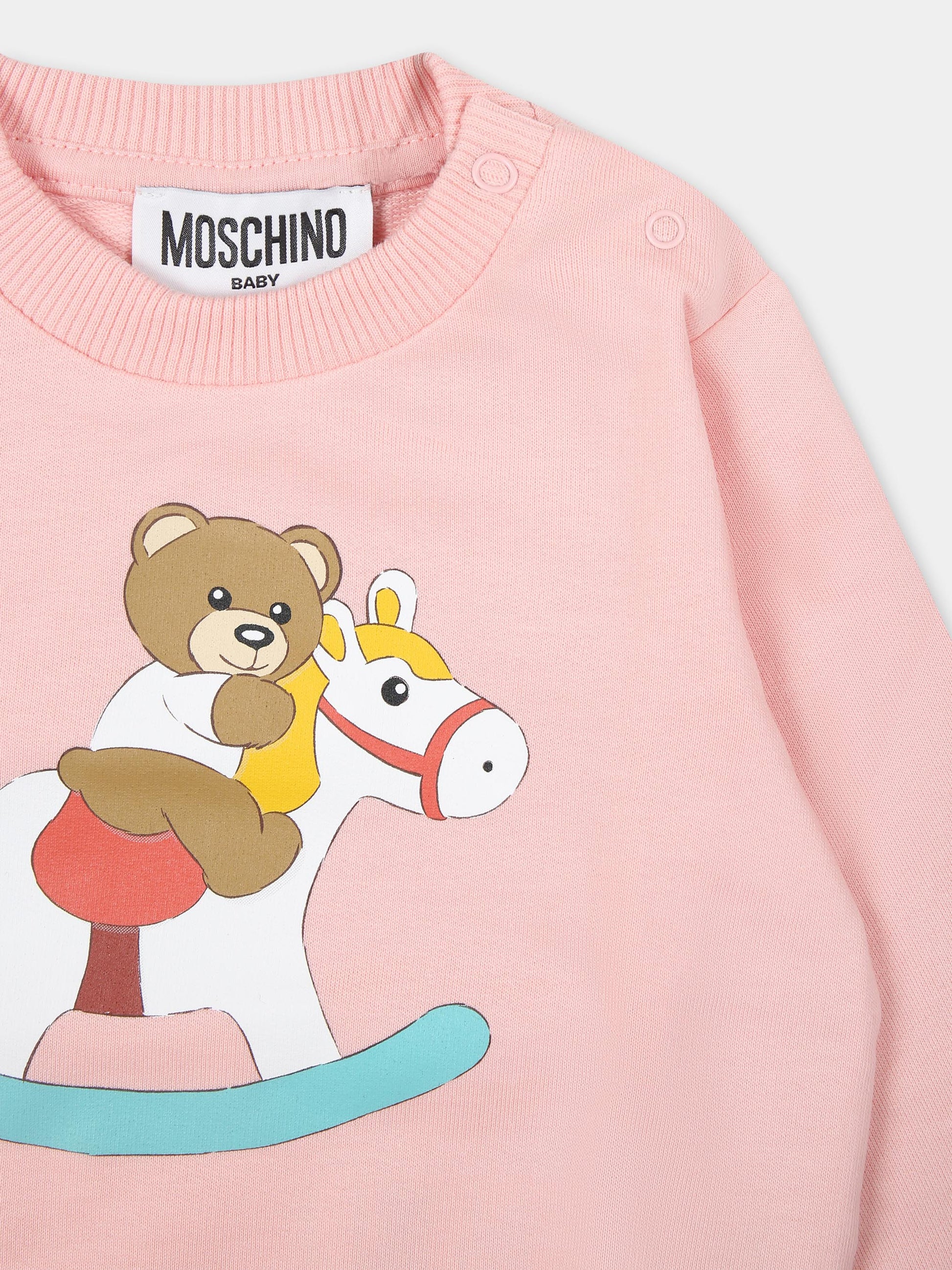 Felpa rosa per neonata con Teddy Bear e cavallo a dondolo,Moschino Kids,MYF04Q LCA19 50209