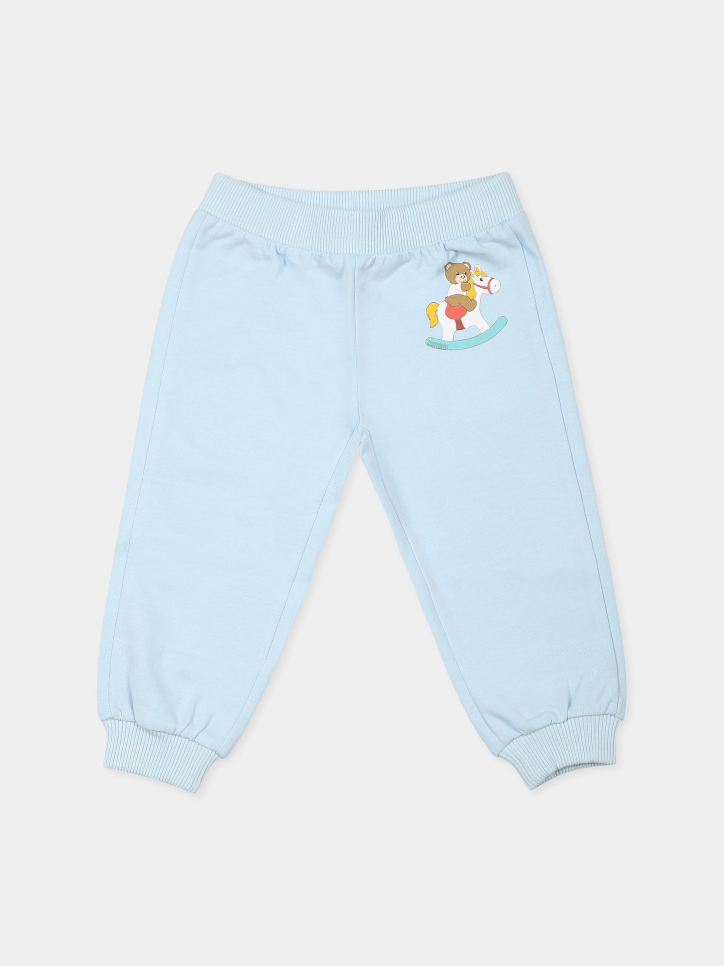 Pantaloni celesti per neonato con Teddy Bear e cavallo a dondolo,Moschino Kids,MOP03J LCA19 40304
