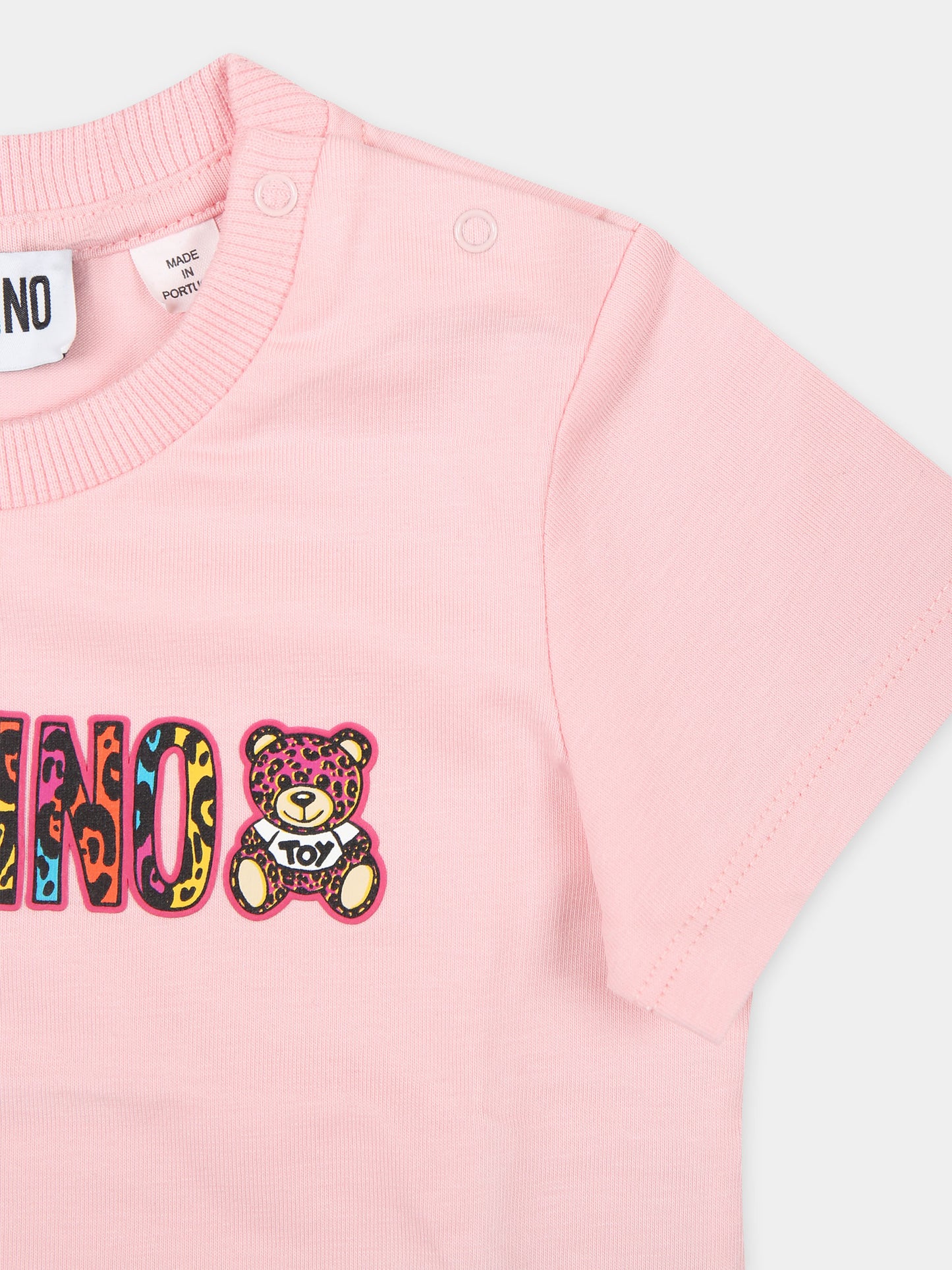 T-shirt rosa per neonata con Teddy Bear e logo,Moschino Kids,MBM02U LBA00 50209