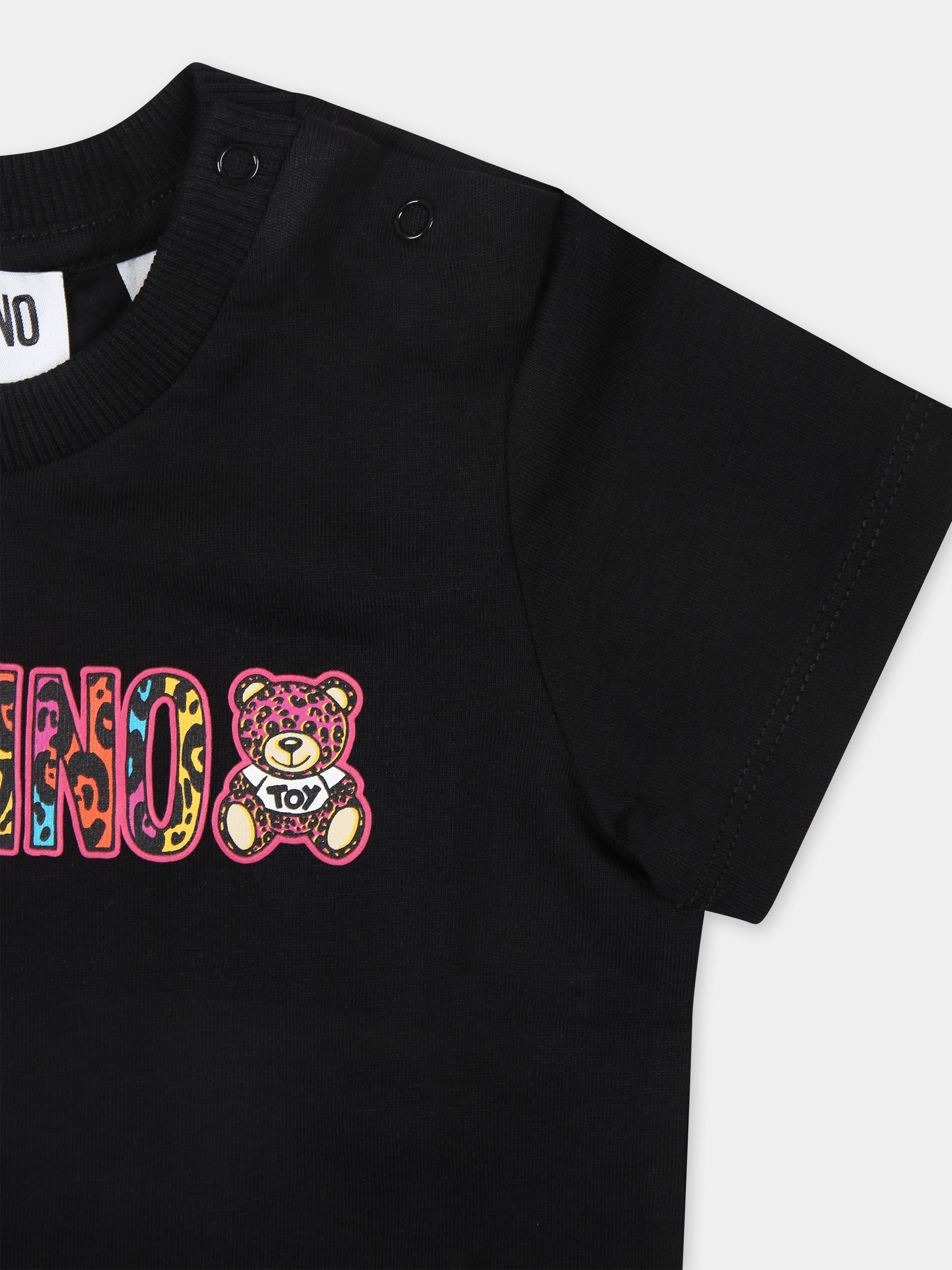 T-shirt nera per neonata con Teddy Bear e logo,Moschino Kids,MBM02U LBA00 60100