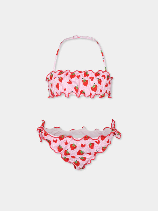 Pink bikini for girl with strawberries