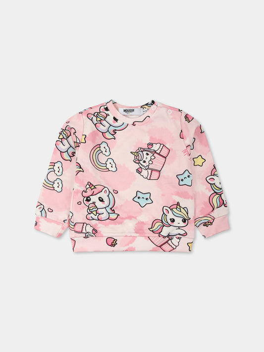 Felpa rosa per neonata con unicorno all over,Mousse Kids,SKNFG372