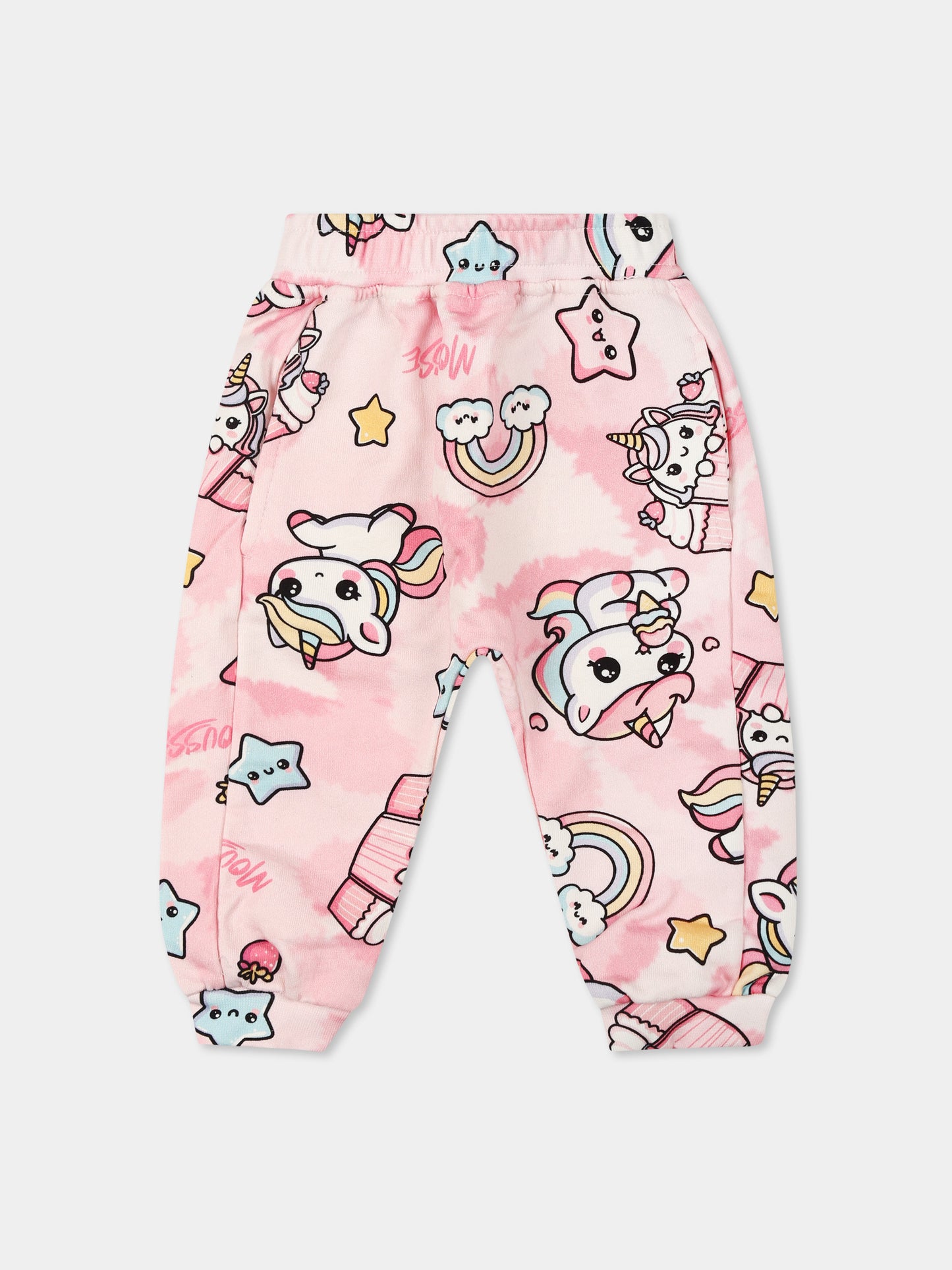 Pantaloni rosa per neonata con unicorno all over,Mousse Kids,SKNP372