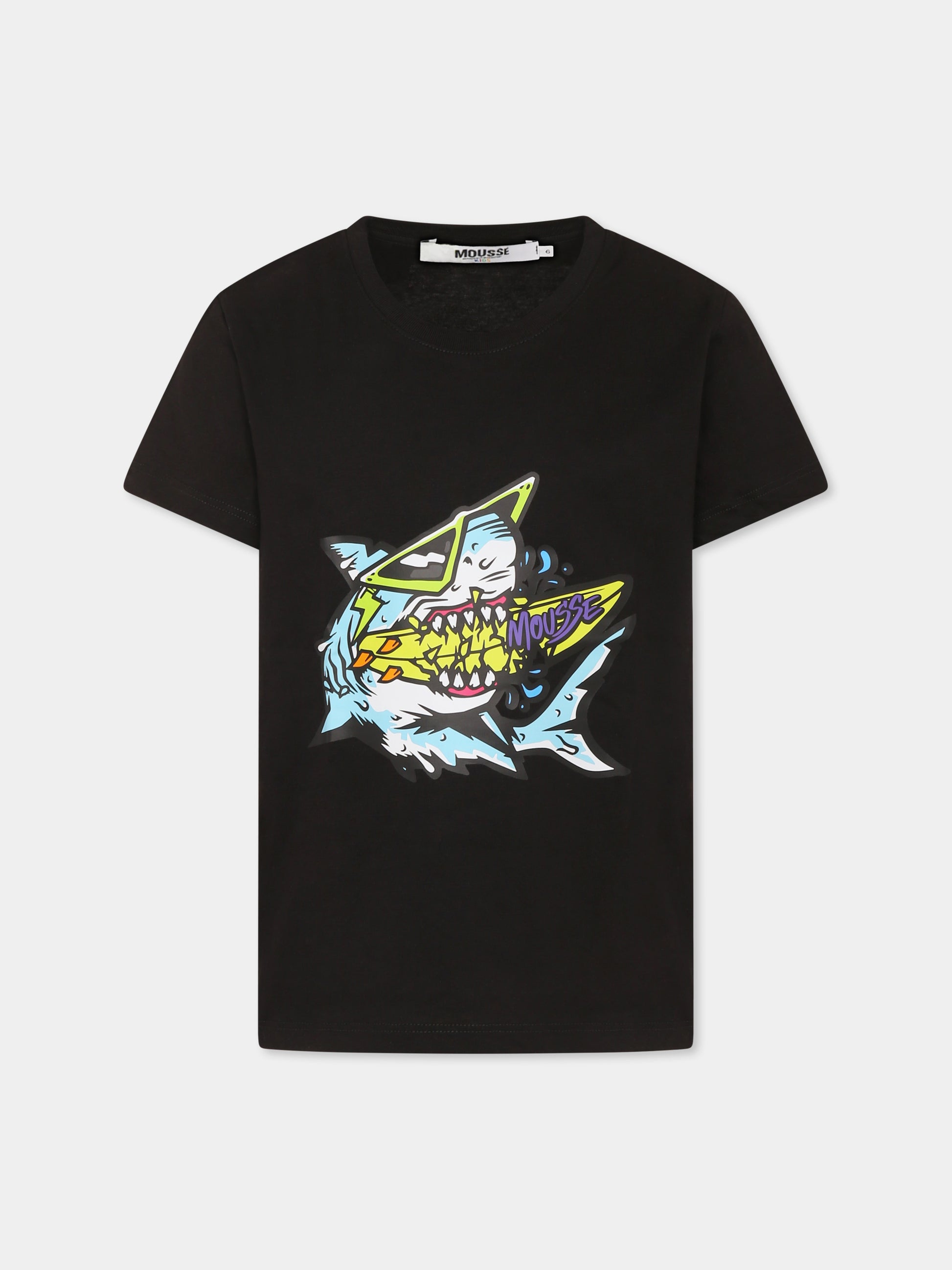 T-shirt nera per bambino con squalo,Mousse Kids,SKTS382B