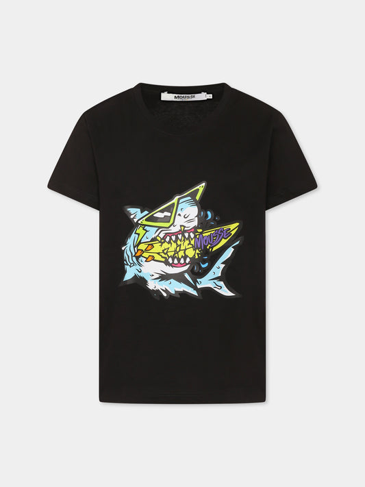 T-shirt nera per bambino con squalo,Mousse Kids,SKTS382B