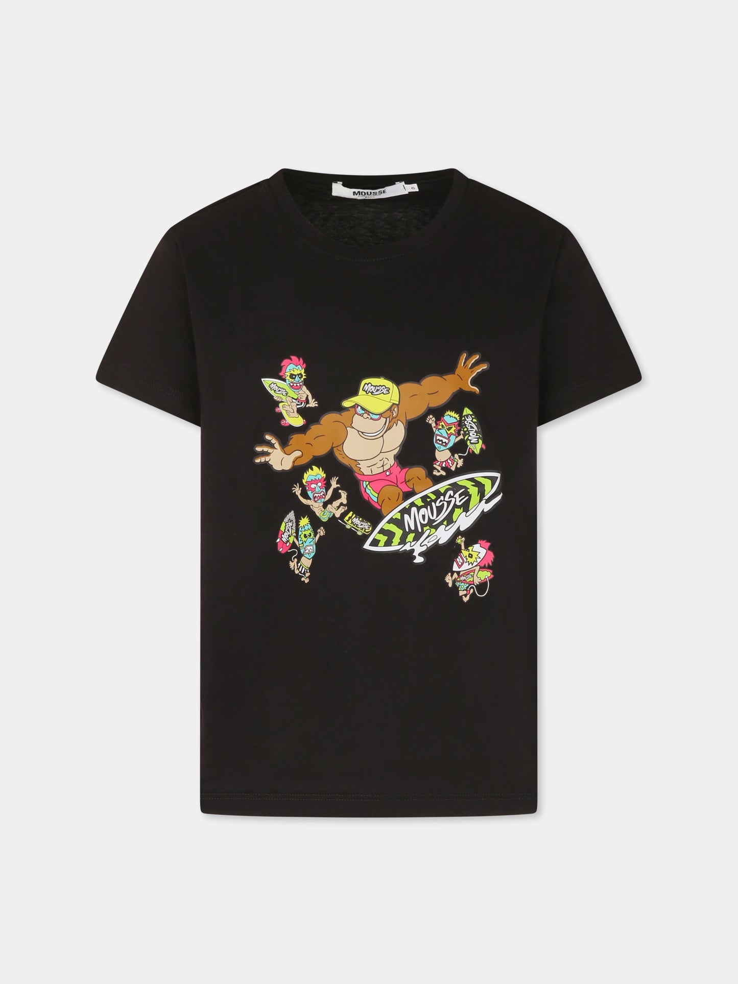 T-shirt nera per bambino con scimmia e mostri maori,Mousse Kids,SKTS383B