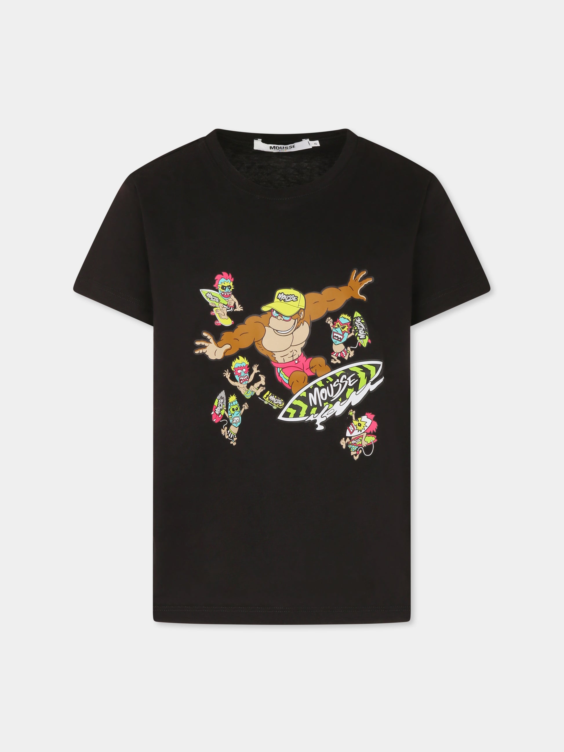 T-shirt nera per bambino con scimmia e mostri maori,Mousse Kids,SKTS383B
